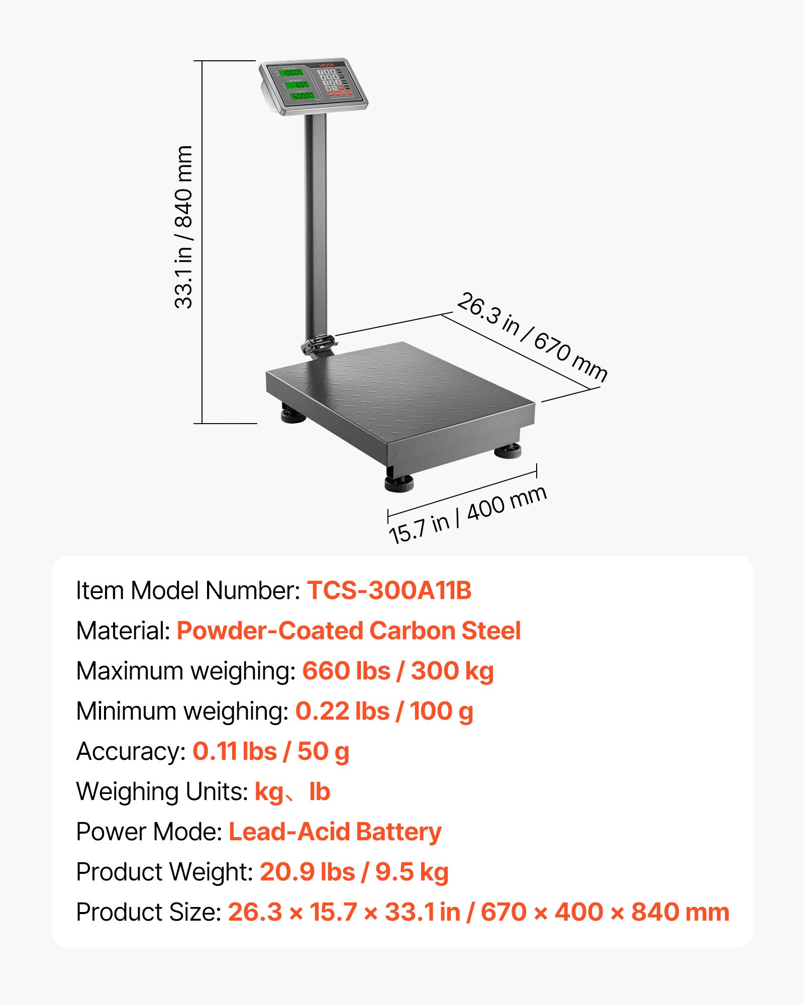 Balance Plateforme Professionnelle VEVOR 300 kg, Haute Précision 50 g, Fonction Tare, Alimentation CA/CC, Balance Expédition pour Bagages Colis - 7