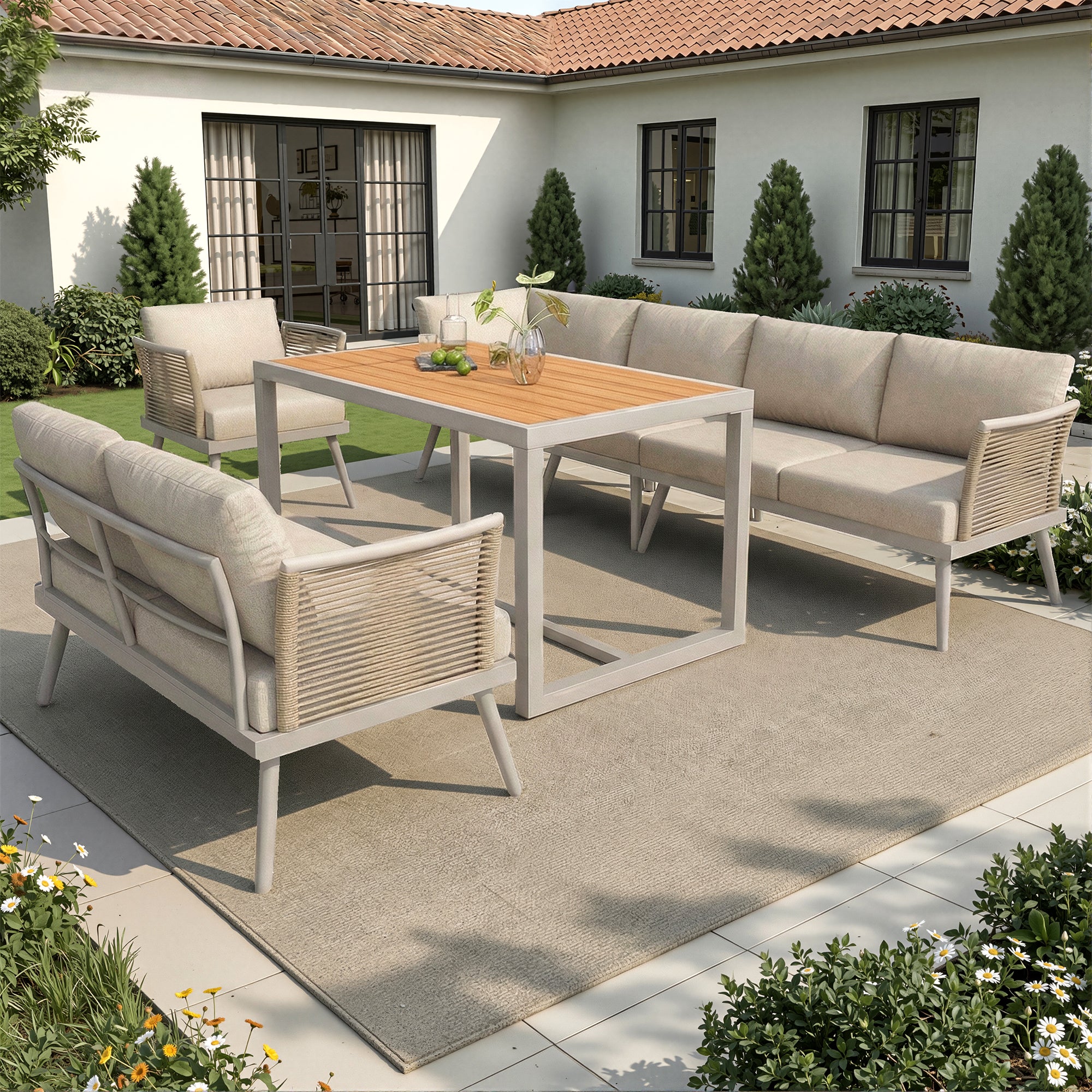 Ensemble de canapé de jardin 7 places,Canapé d'angle extérieur en forme de L avec coussin,main courante tressée,Ensemble de jardin imperméable,Beige - 2