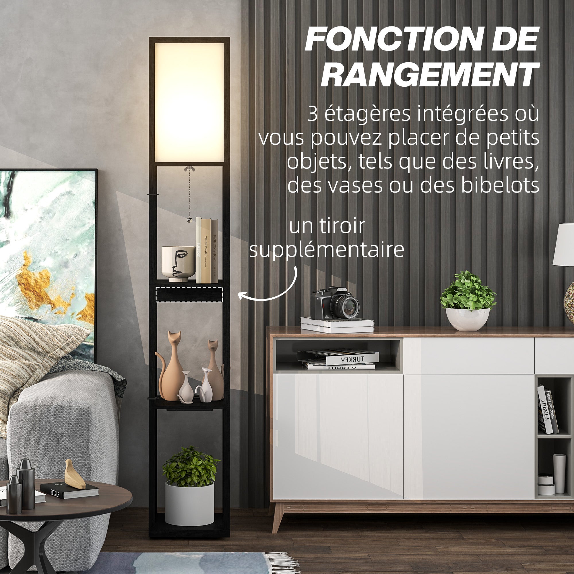 Lampadaire LED moderne avec étagère, port USB A+C et interrupteur au pied, convient pour le salon, la chambre et le bureau, noir. - 7