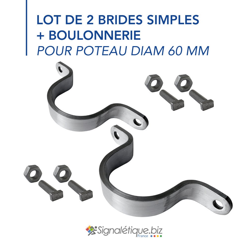 Lot de 2 bride simple fixation pour poteau rond de diamètre 60 mm (6 cm), avec boulonnerie - 2