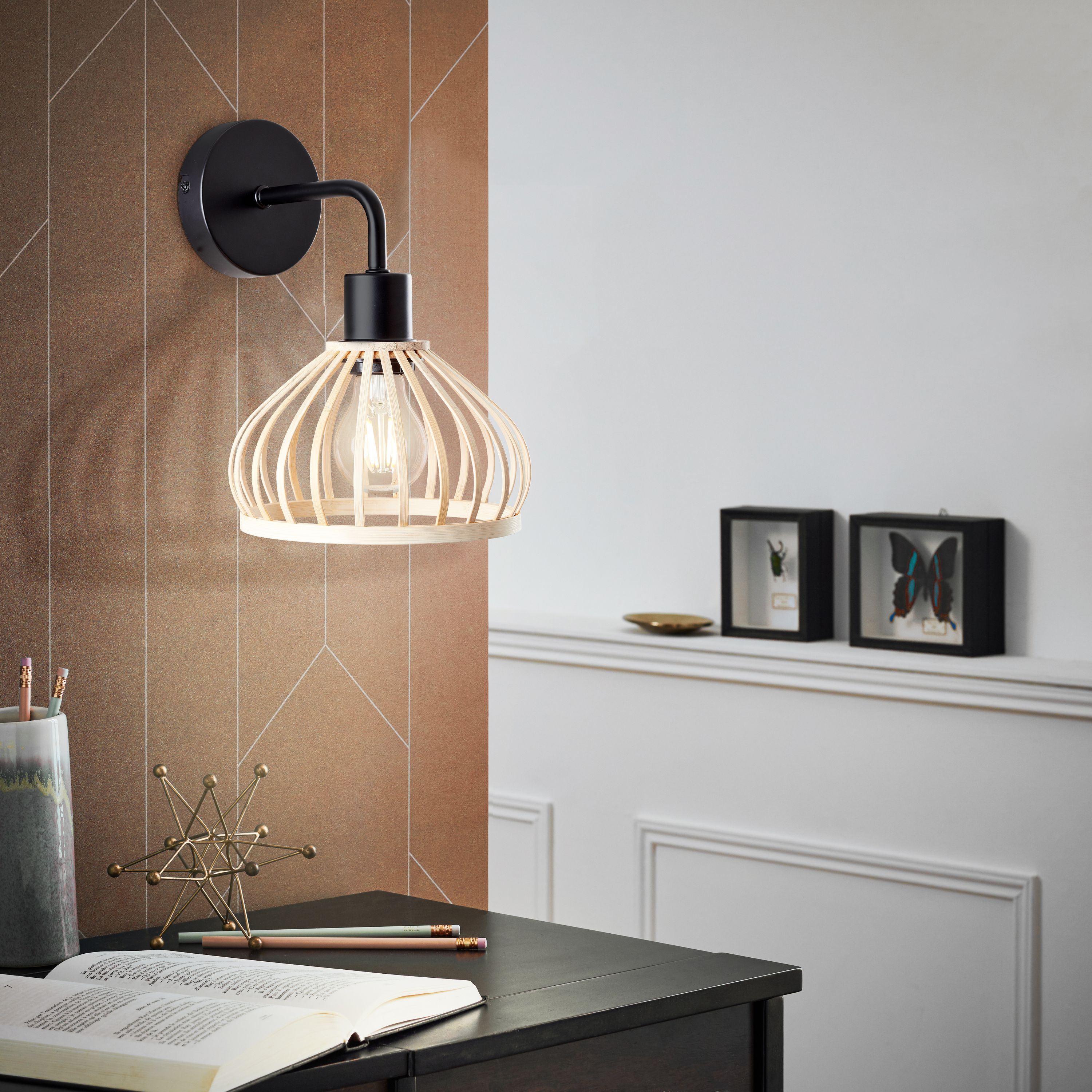 Lampa ścienna Brilliant Norah czarny/naturalny, metal/bambus, 1x A60, E27, 40 W - 3