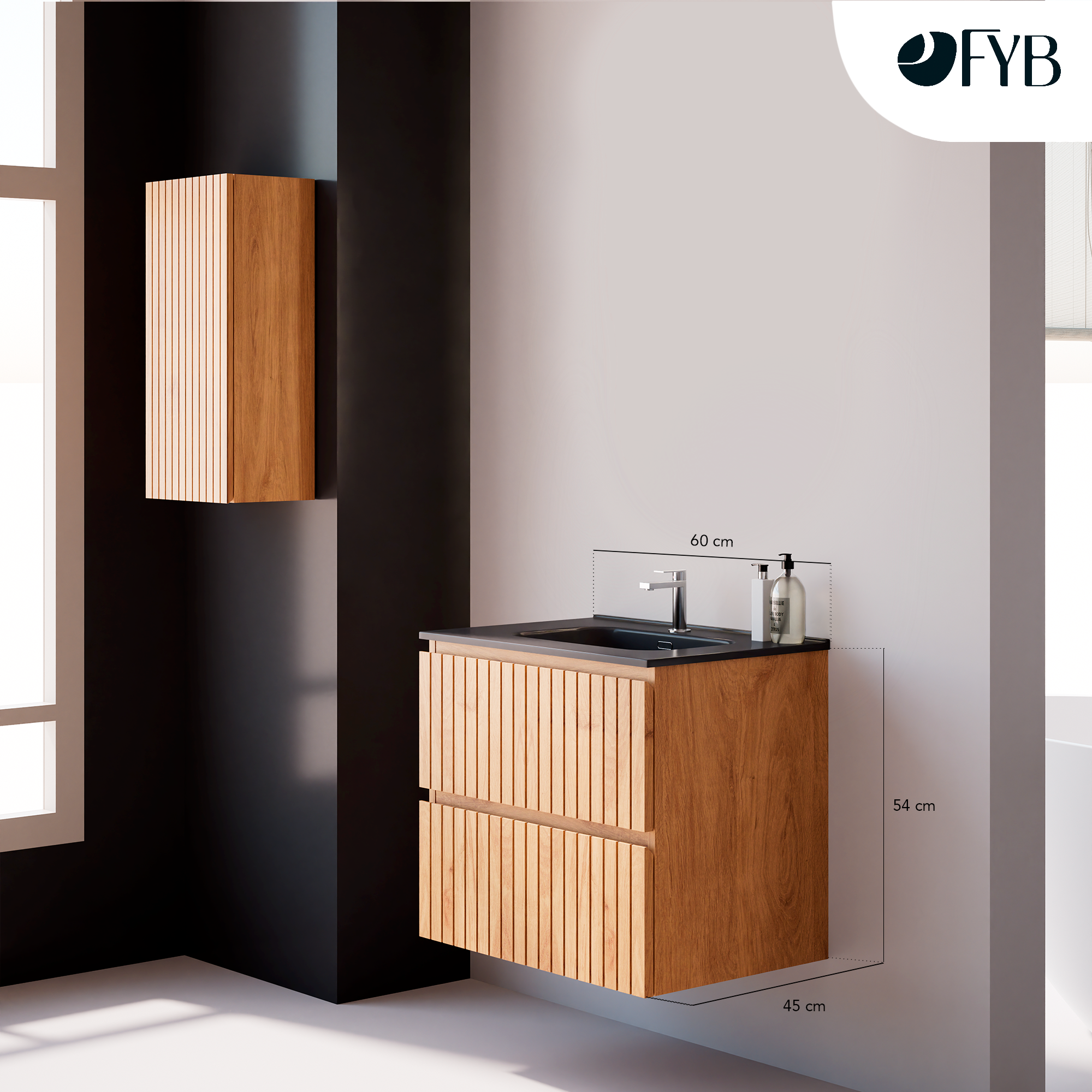 Feel Your Bath, Mueble Suspendido 60 cm, Color Roble Nórdico con 2 Cajones Soft Close y Encimera de Cerámica Negra Integrada – Serie TIGER - 3