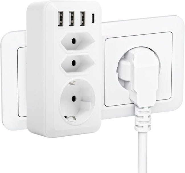Listwa zasilająca ścienna 7 w 1 – 3 gniazda prądu zmiennego, 3 porty USB, 1 port typu C, moc 4000 W, kompaktowy adapter idealny do domu lub biura