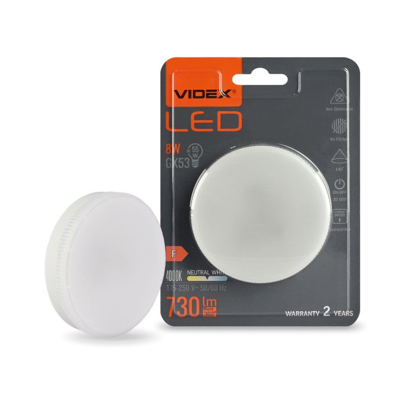 Żarówka GX53 8W okrągły mleczna Neutralna biel 4000K 730lm Videx - 2