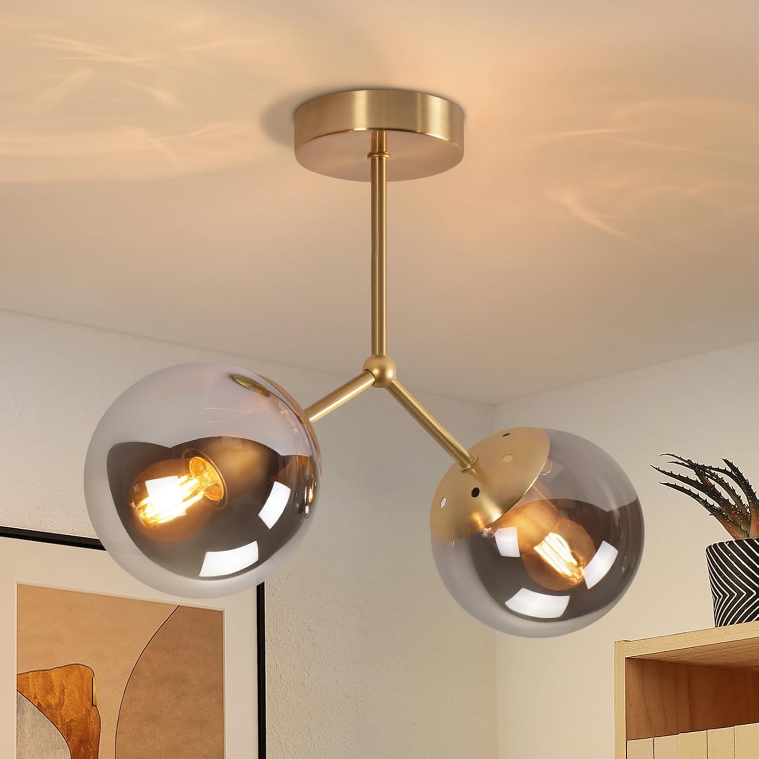 ZMH Szklana lampa sufitowa do przedpokoju: Vintage E27 lampa sufitowa do przedpokoju w 2-punktowej, złotej szklanej kuli