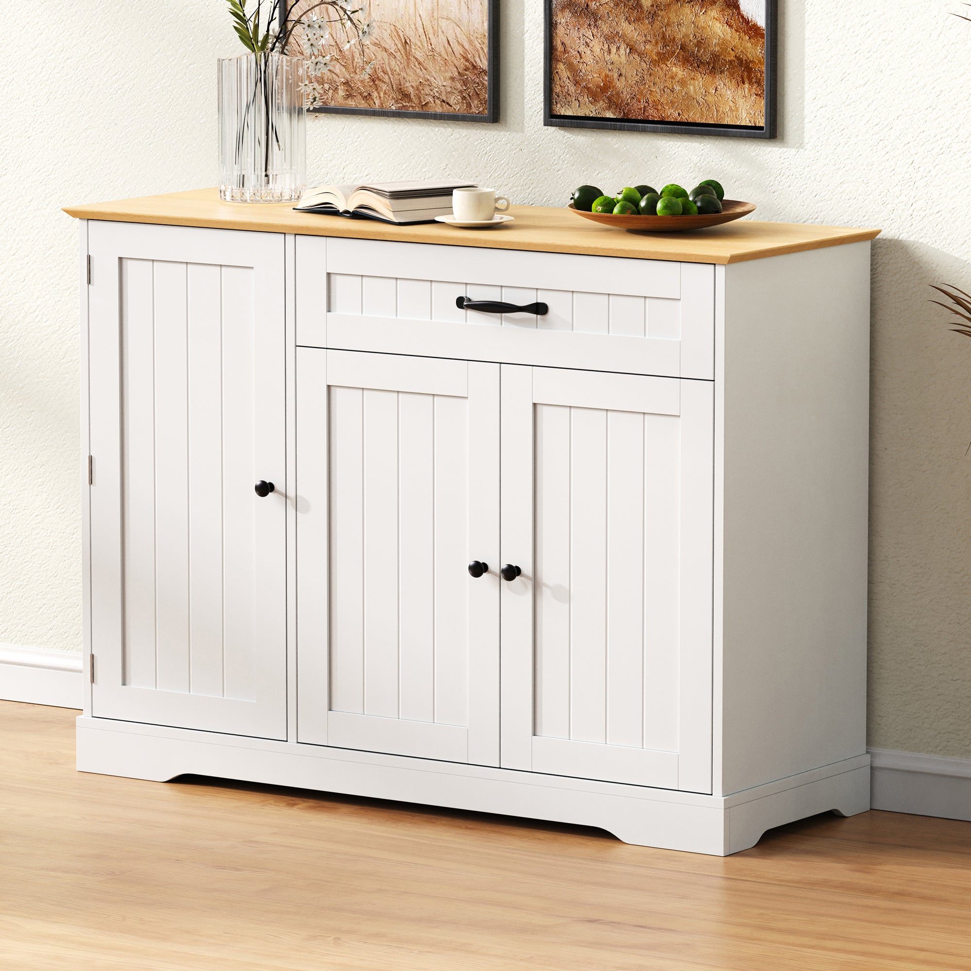 Nowoczesna komoda z 3 drzwiami i 1 szufladą - 107 x 40 x 83,4 cm - do jadalni, salonu - MDF - Biały + naturalny - 2