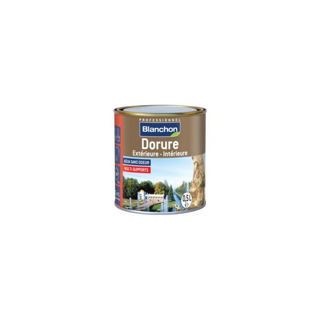 Dorure extérieure-intérieure, très haut pouvoir couvrant et opacifiant sur métaux/bois, finition or riche, pot de 0,5l