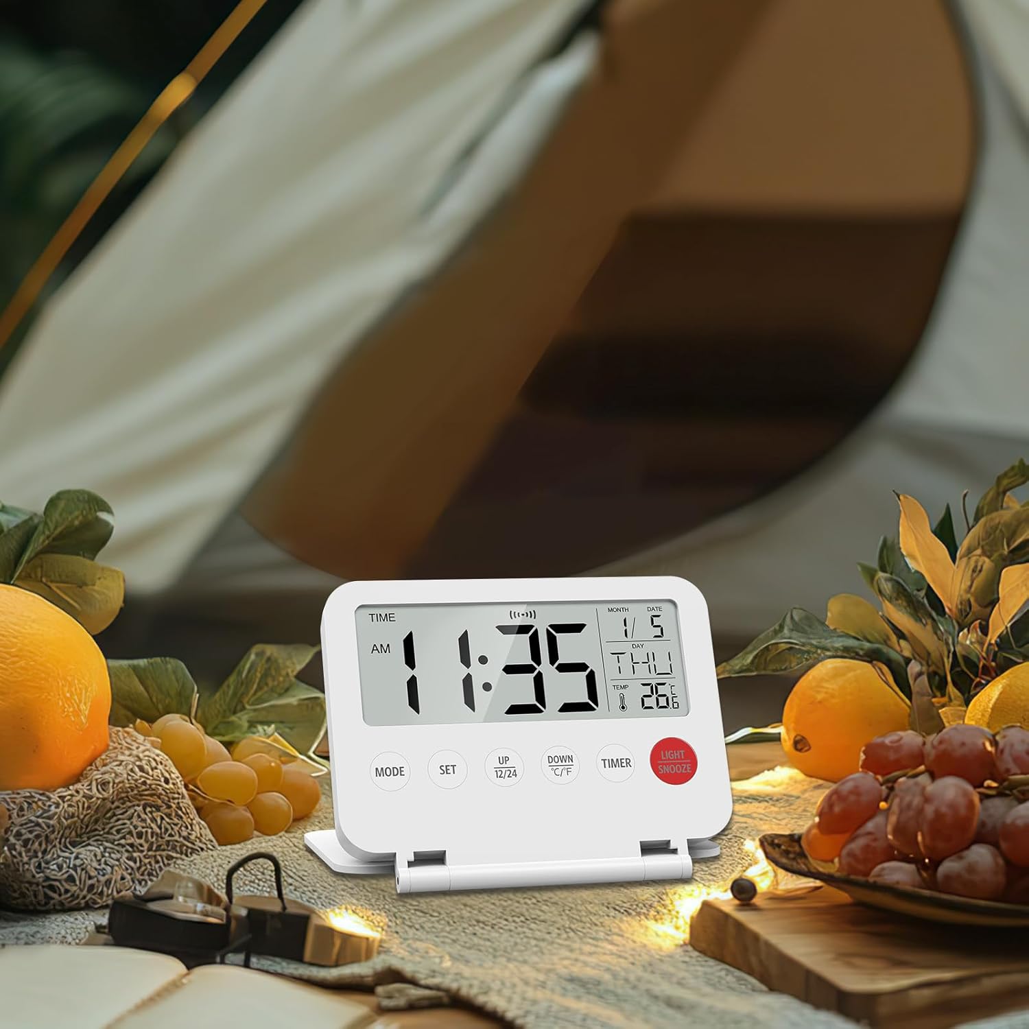 Mini réveil de voyage pliable numérique avec LCD rétroéclairé, thermomètre, snooze, date et heure, bureau, chambre, cuisine, pratique et portable - 7