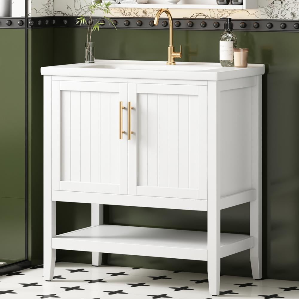Meuble Salle de Bain 80 cm avec Vasque en Céramique, Armoire Blanche au Sol, Design Élégant, Facile à Installer - 80×47×90cm - 4