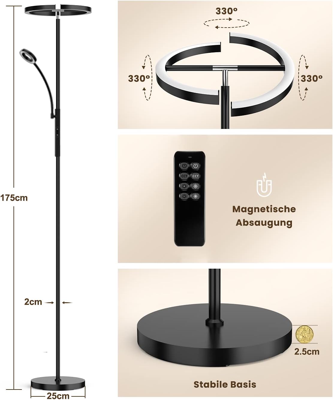 ANTENLICHT Lampadaire LED Dimmable KAKA 20W avec Lampe de Lecture Flexible 7W - Télécommande, 4 Températures de Couleur, 2750lm - Noir - 6