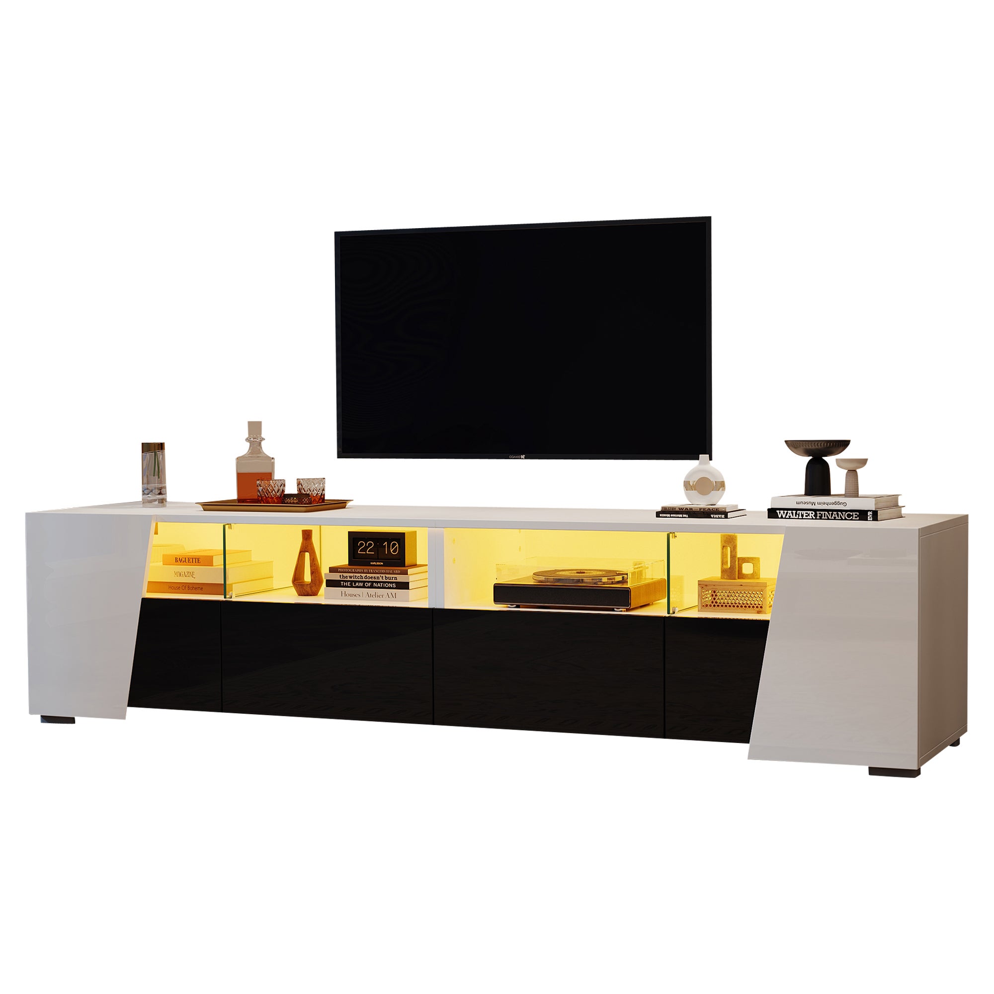 Meble pod TV 180x38,5x45 cm - z oświetleniem LED - 2 szuflady i 2 fronty - Otwarte półki - Błyszczące wykończenie - Biały + czarny - 4