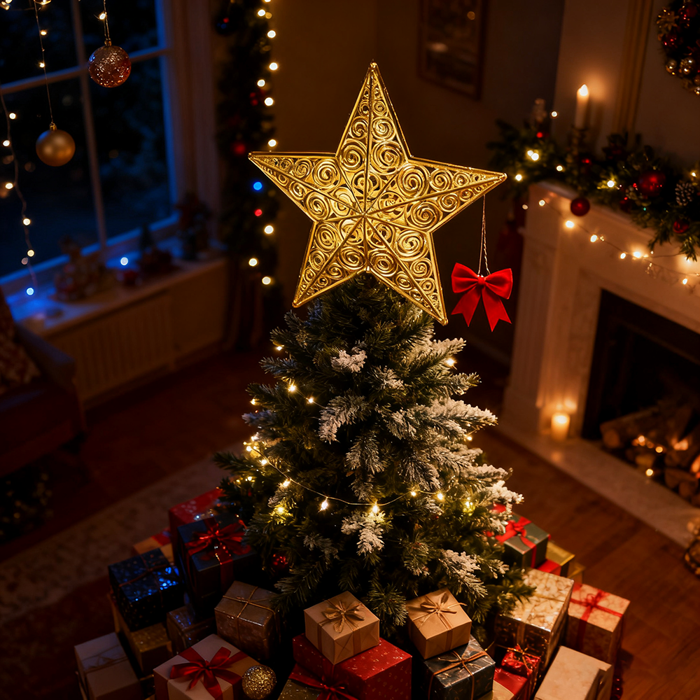 Estrela de árvore de Natal, decoração de Natal, tampo de árvore de Natal, decoração de estrela oca, 20 cm x 22 cm - 4