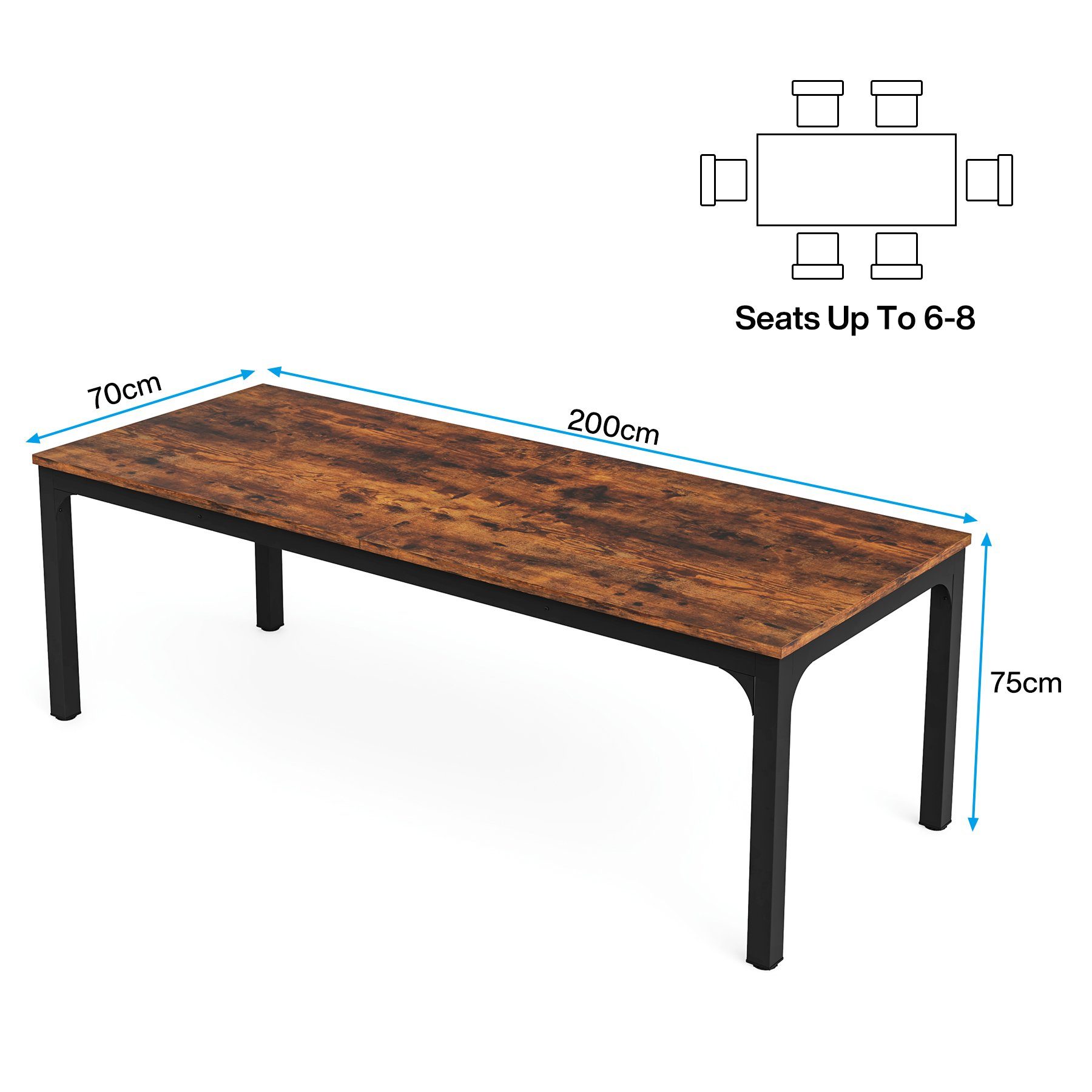 Tribesigns Stół do jadalni w stylu industrialnym 200x70x75 cm, stół kuchenny dla 6-8 osób, prostokątny do kuchni, salonu, w kolorze rustykalnego brązu - 3
