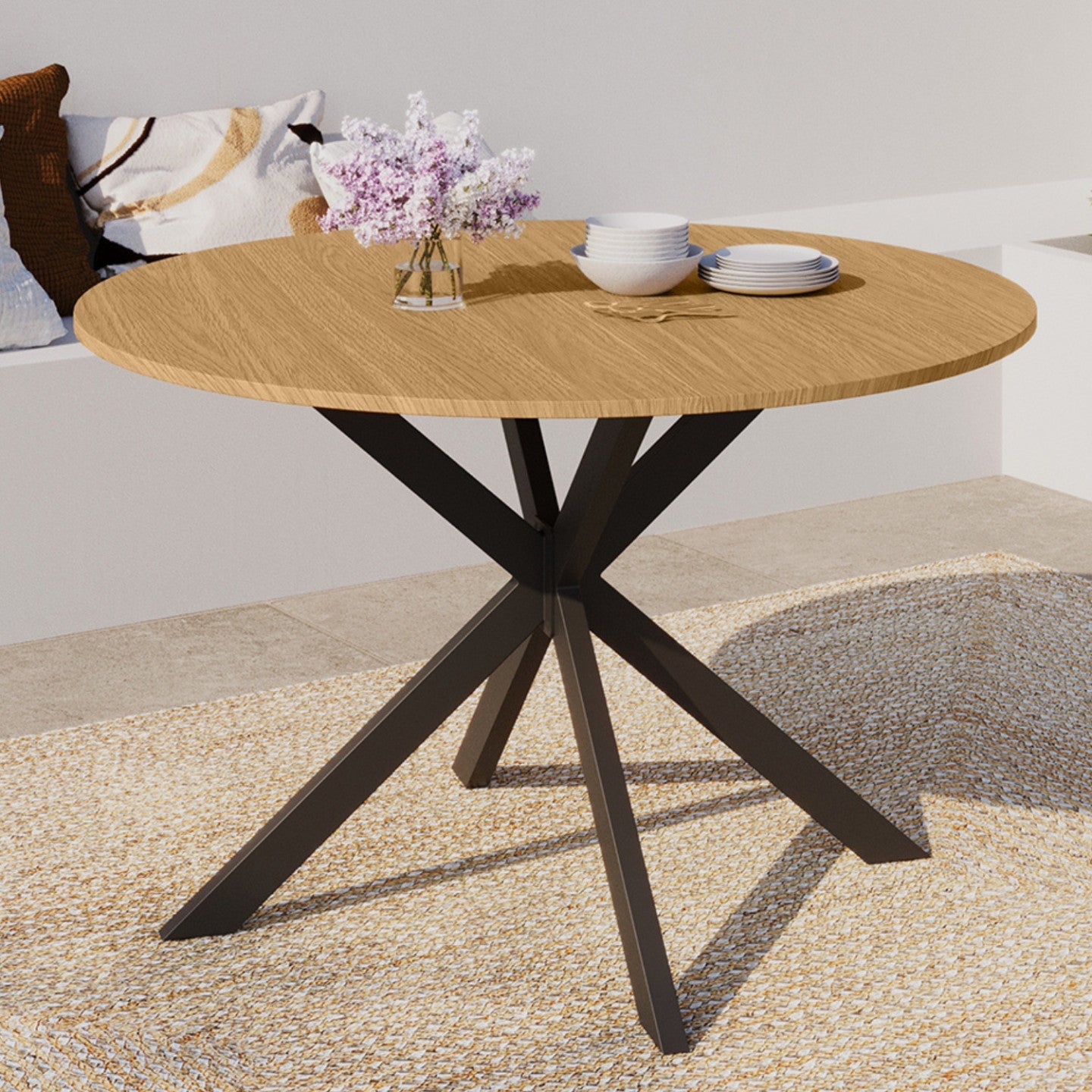 Table de jardin ronde MESSINA 120 cm 6 personnes pied araignée plateau métal effet bois - 4