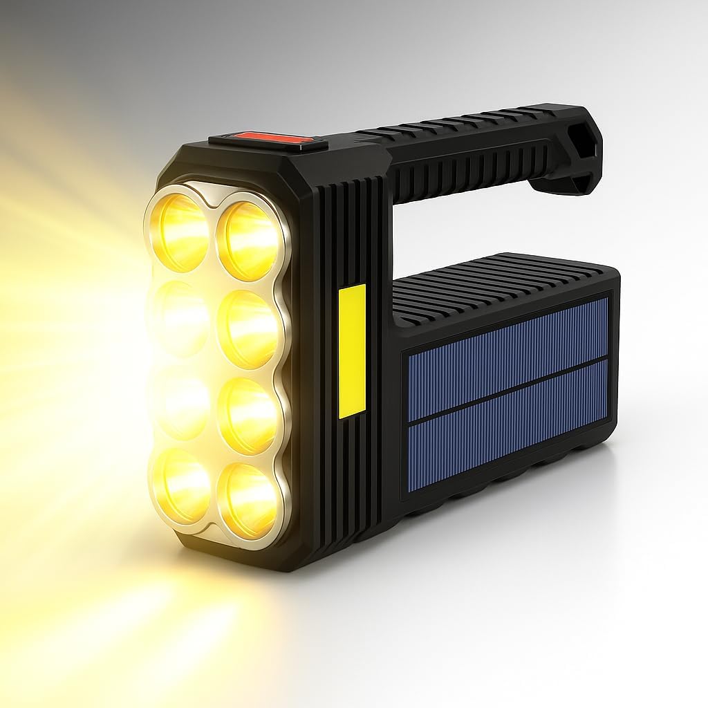 Latarka solarna 8 LED Mega Power – superjasna, akumulatorowa, przenośna latarka – wydajny sprzęt roboczy – jasne światło na kemping, do domu i pracy –