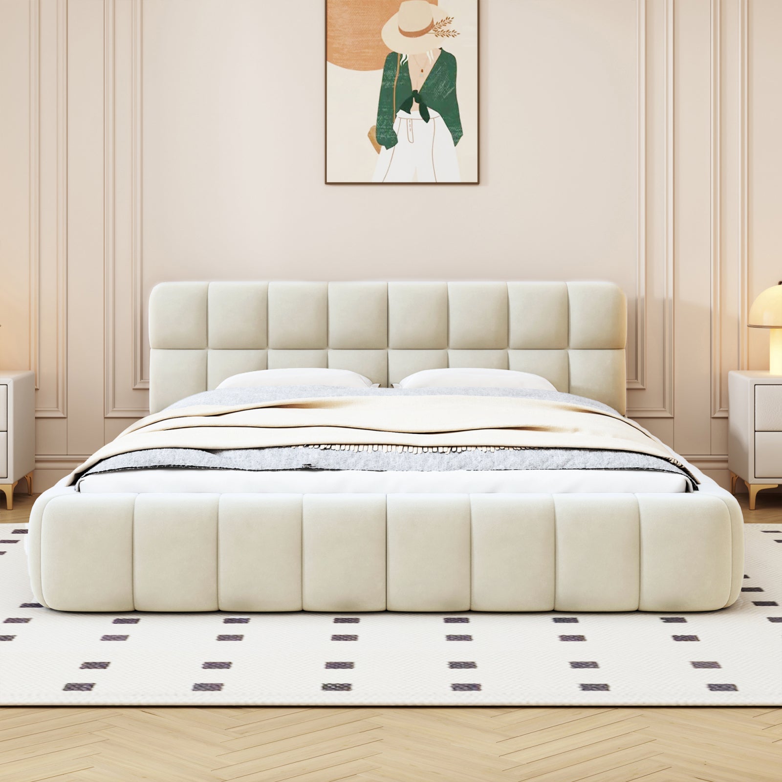 Lit adulte 140x190cm, 140x190cm Lit Bubble, dossier moelleux, Lit plat avec sommier à lattes, (en lin, beige) - 2
