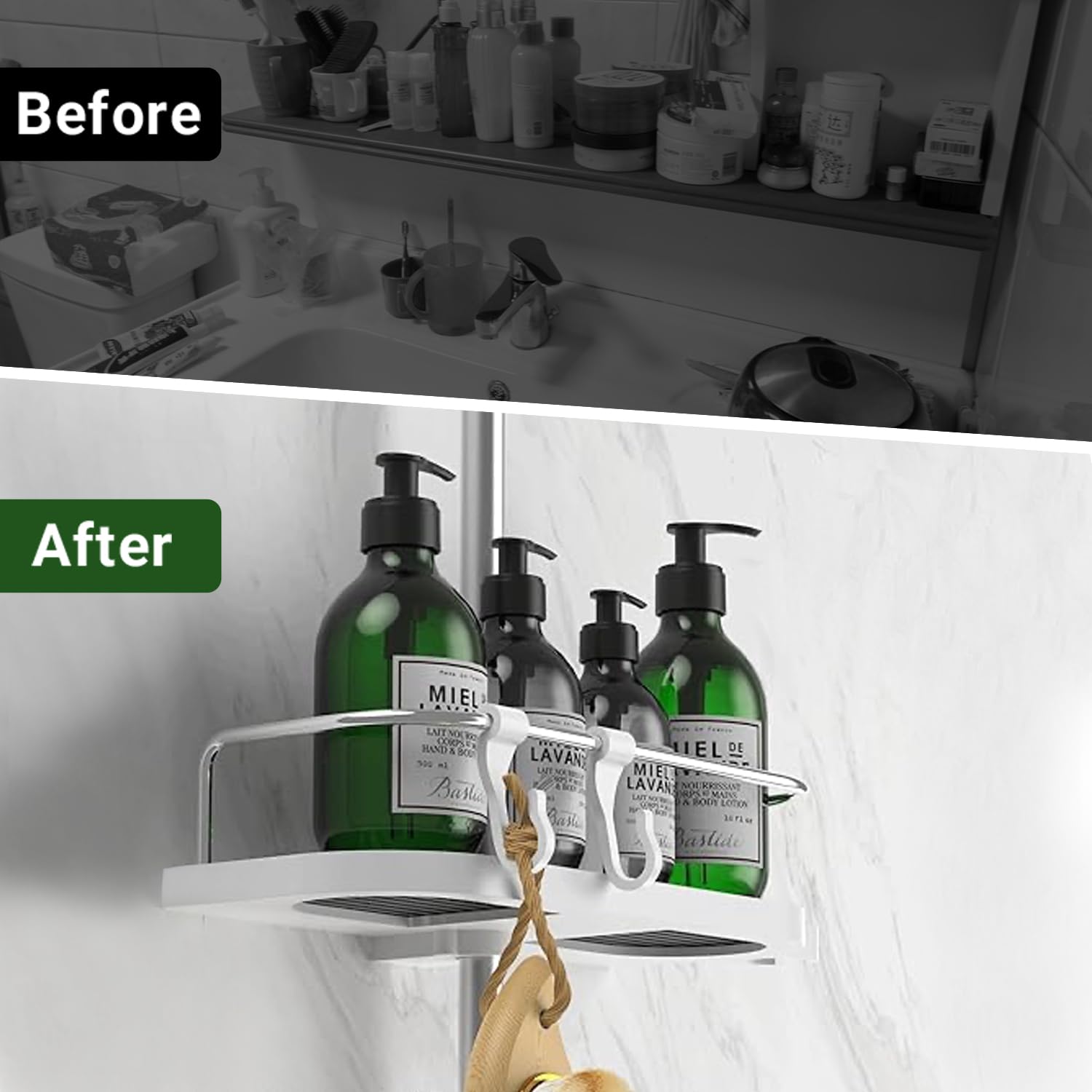 Étagère de douche sans perçage pour rail de douche, support organisateur de salle de bain pour shampoing, convient aux rails de 24 à 25 mm - 4