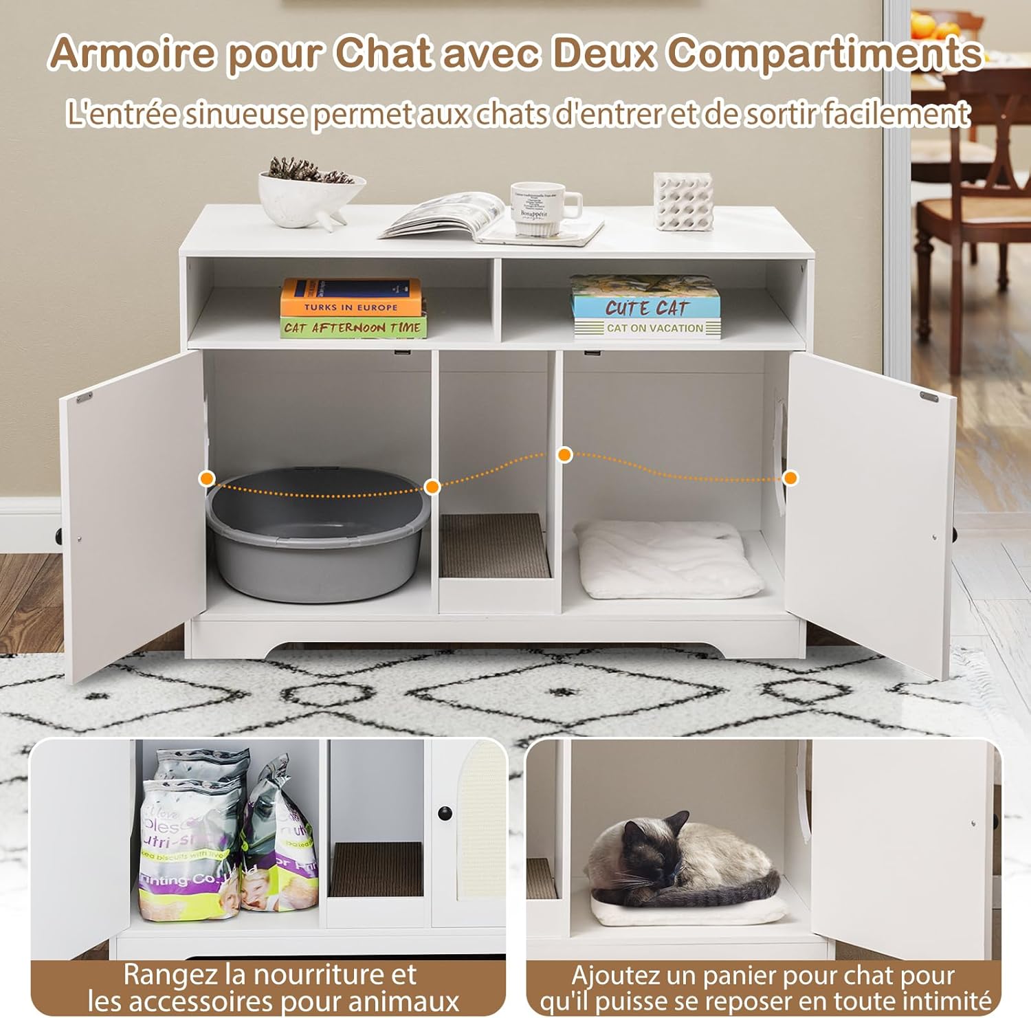 Móvel para caixa de areia para gatos, 108 x 50,5 x 73,5 cm, casa de banho para gatos de interior, 2 entradas, 2 compartimentos abertos - 3