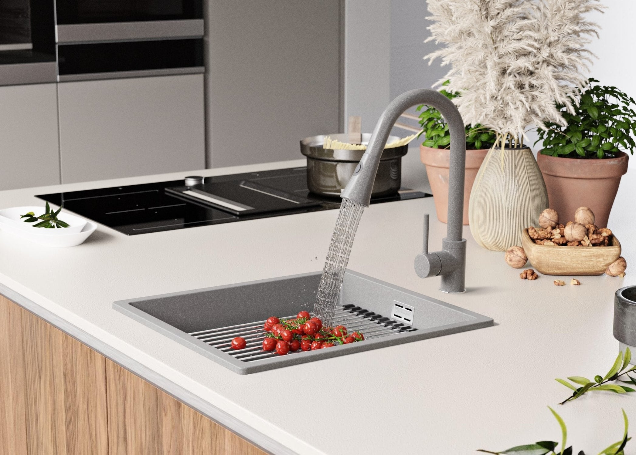 Evier Cuisine en Granit Gris 41x47cm, Lavabo 1 bac + Kit de Vidage + Égouttoir Enroulable, Évier à Encastrer au meuble 45cm - Prague Slim PRIMAGRAN - 8