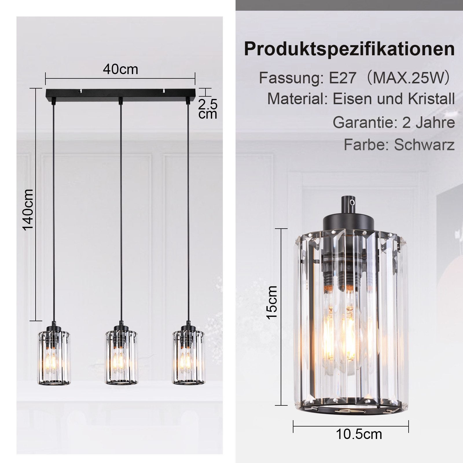 NETTLIFE Nowoczesna czarna kryształowa lampa wisząca nad stół jadalny 3 płomienie E27 - 3