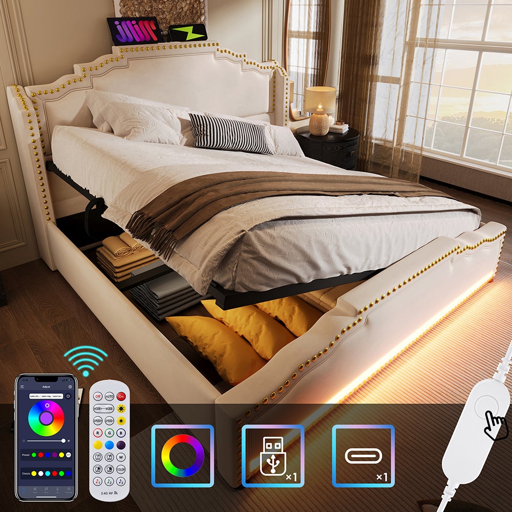 Podwójne łóżko tapicerowane 140x200 ze schowkiem hydraulicznym, oświetleniem LED i portem ładowania USB-C, z ramą łóżka z listew, aksamit, beżowy.