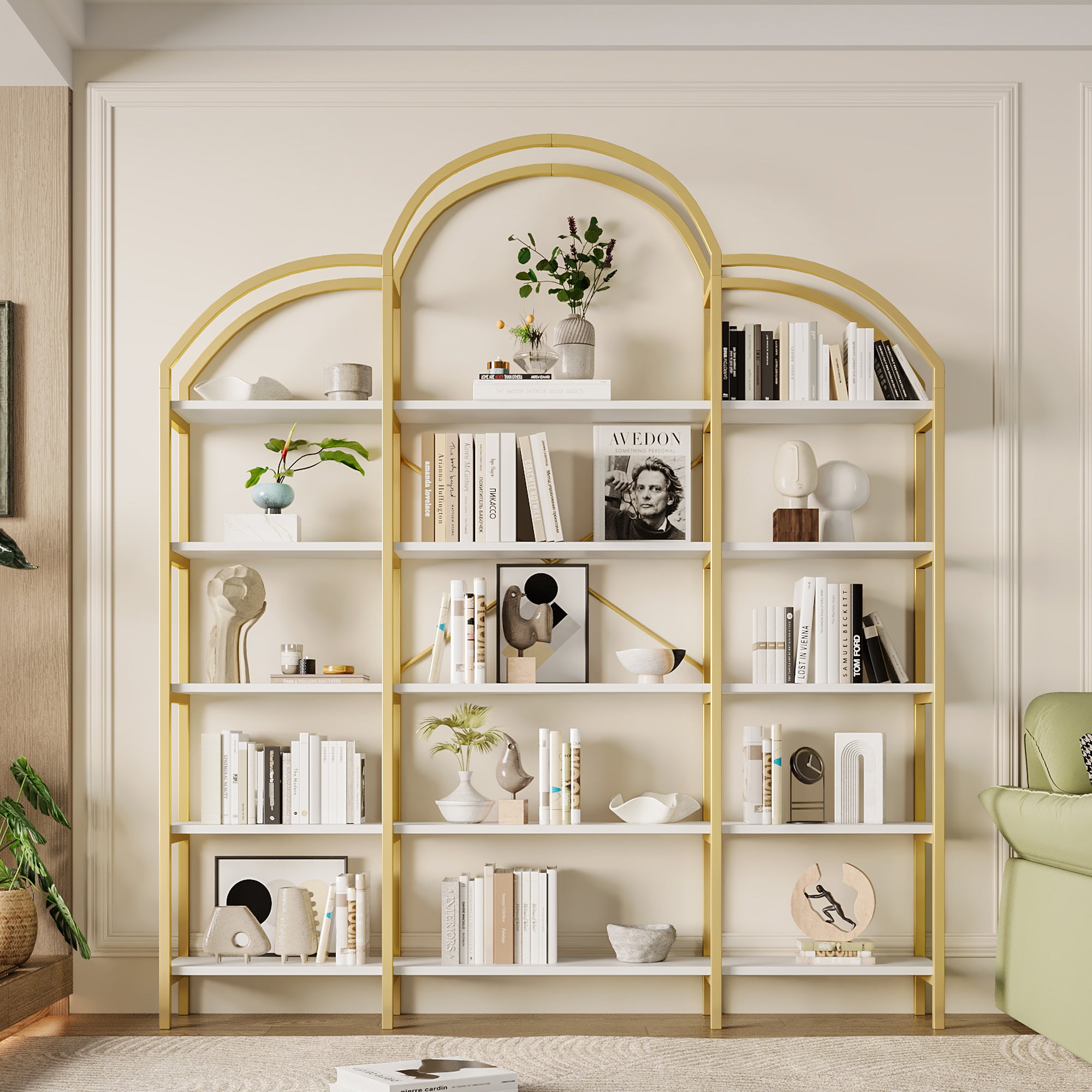 Nowoczesna metalowa biblioteczka 170x26x190 cm - kształt chmury - 5 poziomów przechowywania - złoty + biały