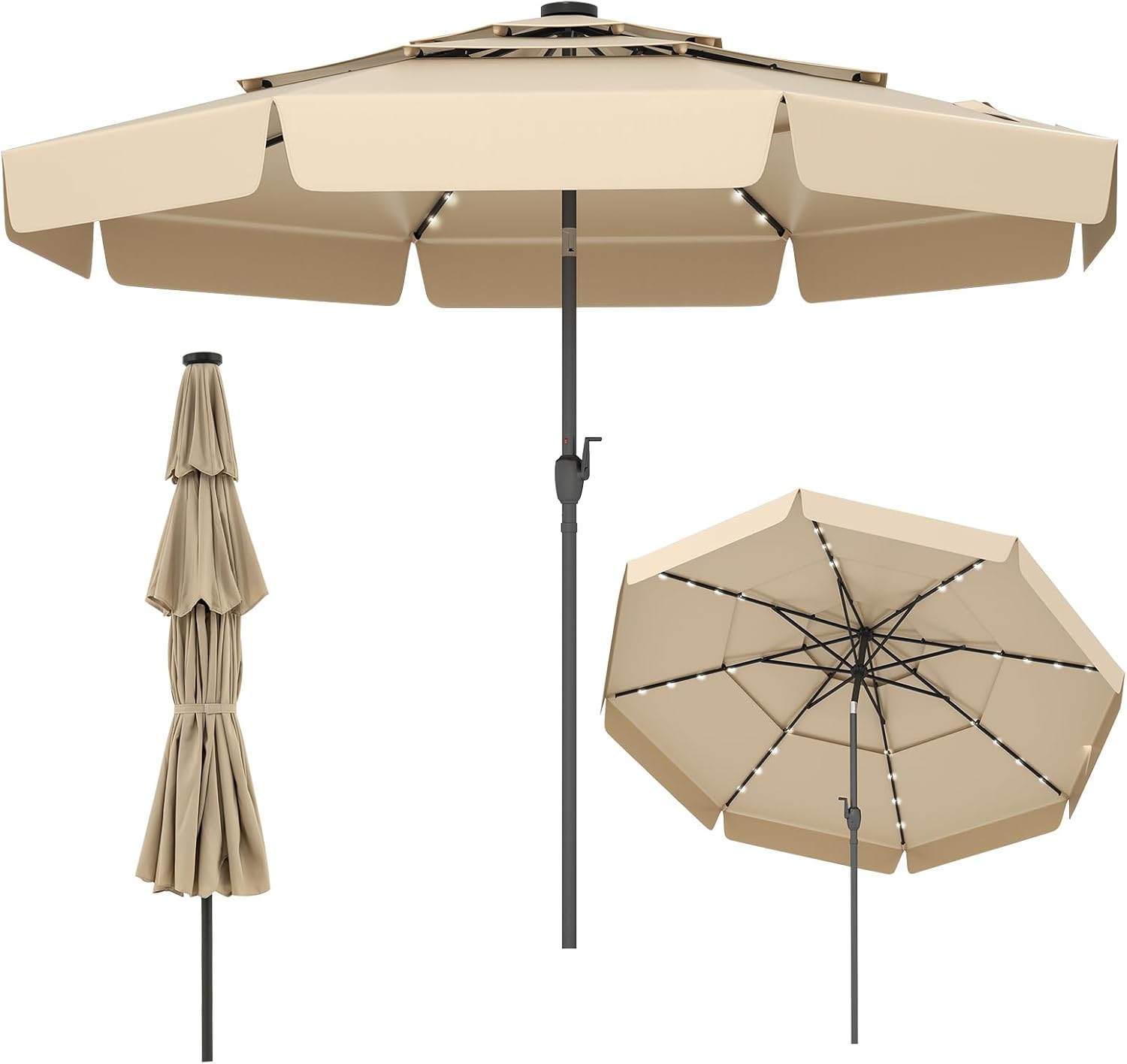 Parasol Ogrodowy Zewnętrzny 3, Parasol Balkonowy z Regulacją Nachylenia, Korba, 32 Diody LED, 3-warstwowa Czasza, 8 Żeber, bez Podstawy, Beżowy