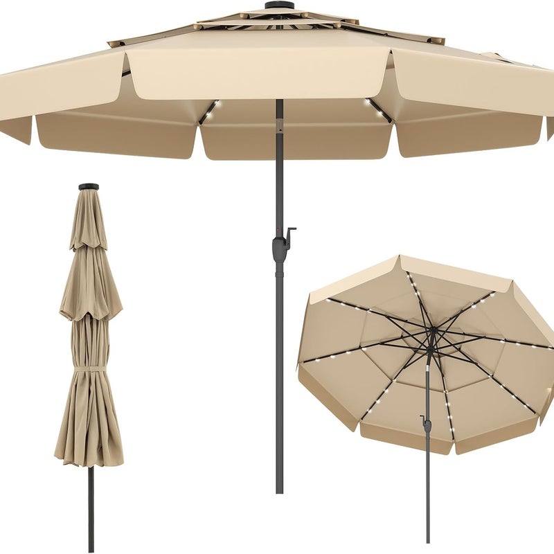 Parasol Ogrodowy Zewnętrzny 3, Parasol Balkonowy z Regulacją Nachylenia, Korba, 32 Diody LED, 3-warstwowa Czasza, 8 Żeber, bez Podstawy, Beżowy