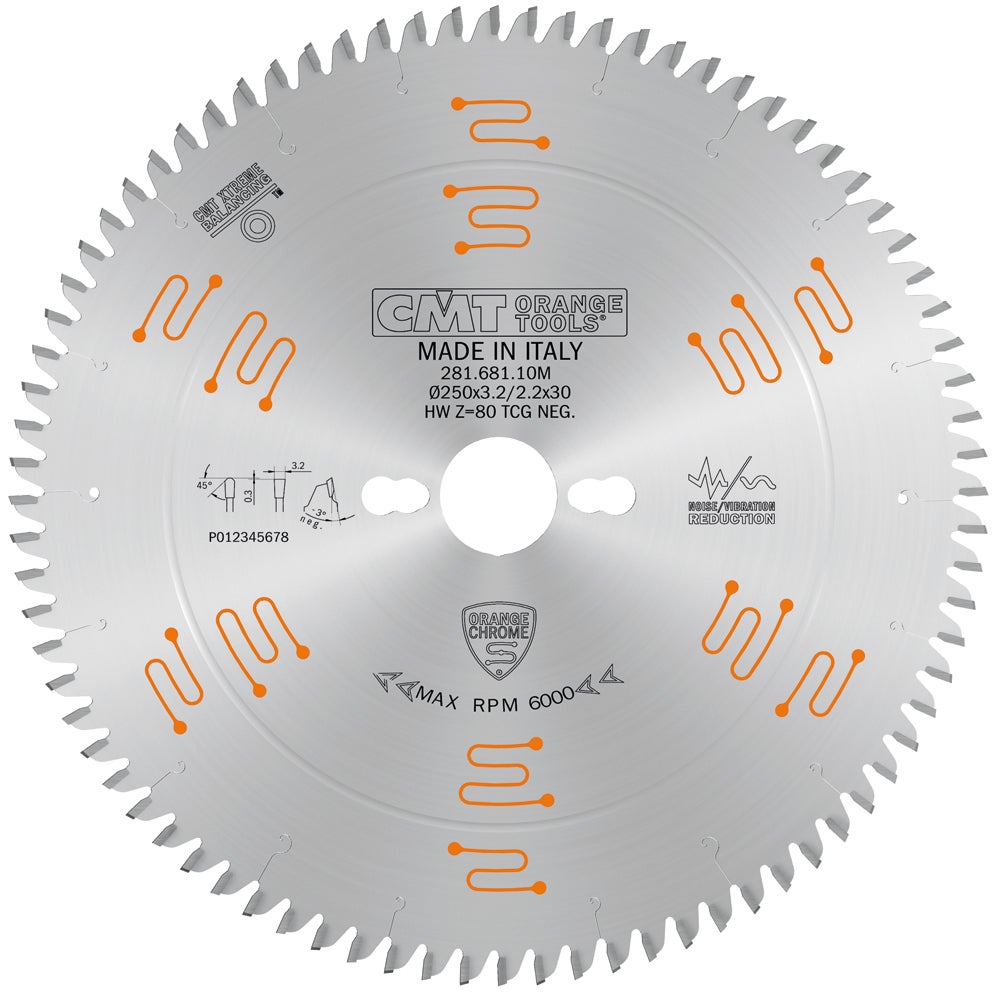 Sierra Circular CMT Orange Tools - Hoja 250x3.2/2.2x30 Mm, 80 Dientes, Para Cortes Precisos En Madera