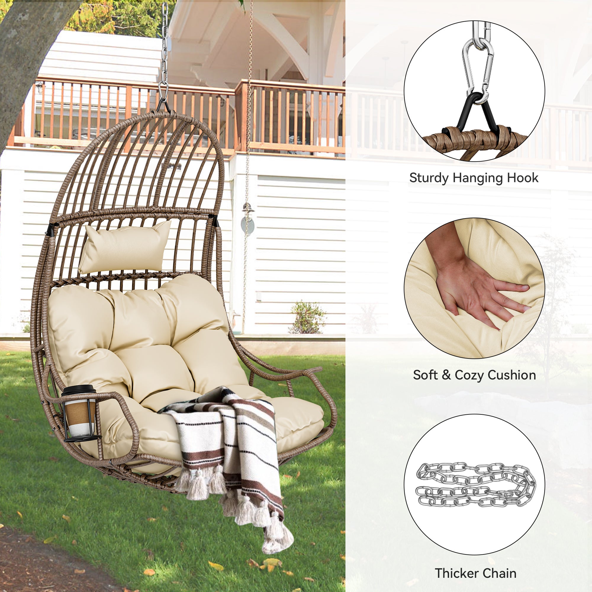 BALCONERA Fauteuil suspendu suspendu en forme d'œuf, charge maximale 150 kg, avec coussin et porte-gobelet - 4