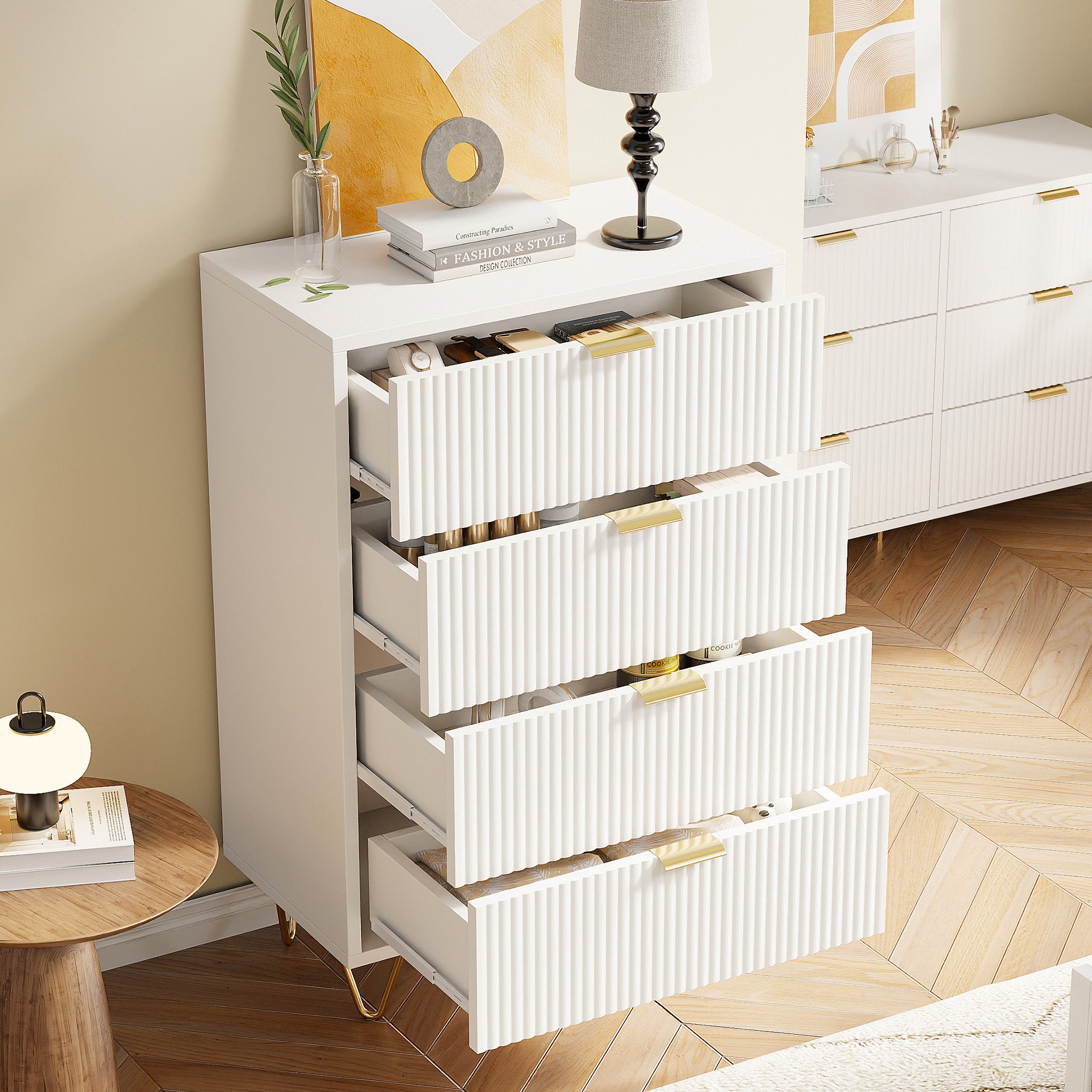 Commode 4 tiroirs blanche avec façade à motif ondulé, poignées dorées et pieds en métal, style moderne, grand espace de rangement - 6
