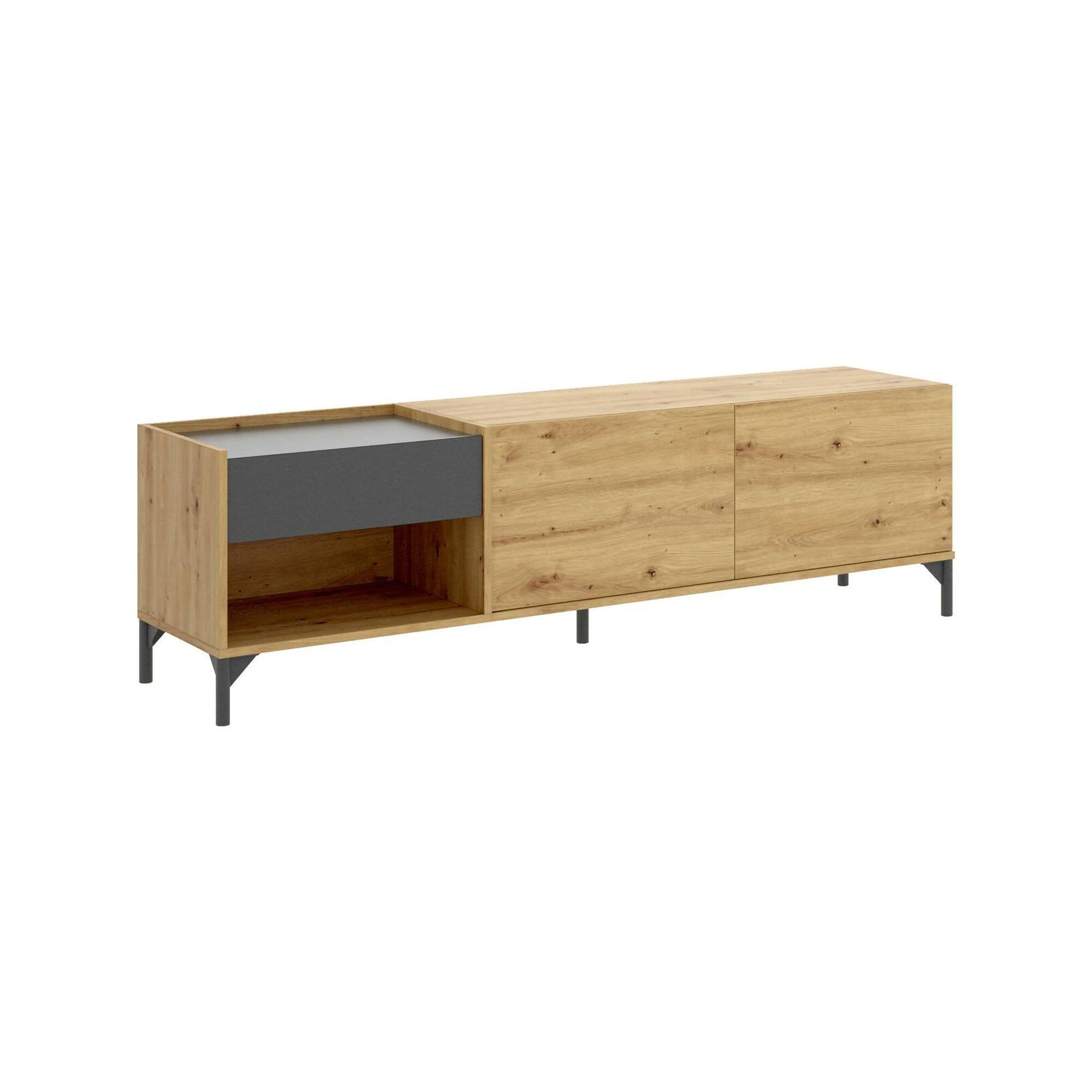 Mobile TV Emet Credenza Soggiorno - 161x45x35cm, Rovere E Antracite | Madia Per Televisione Fino A 65"