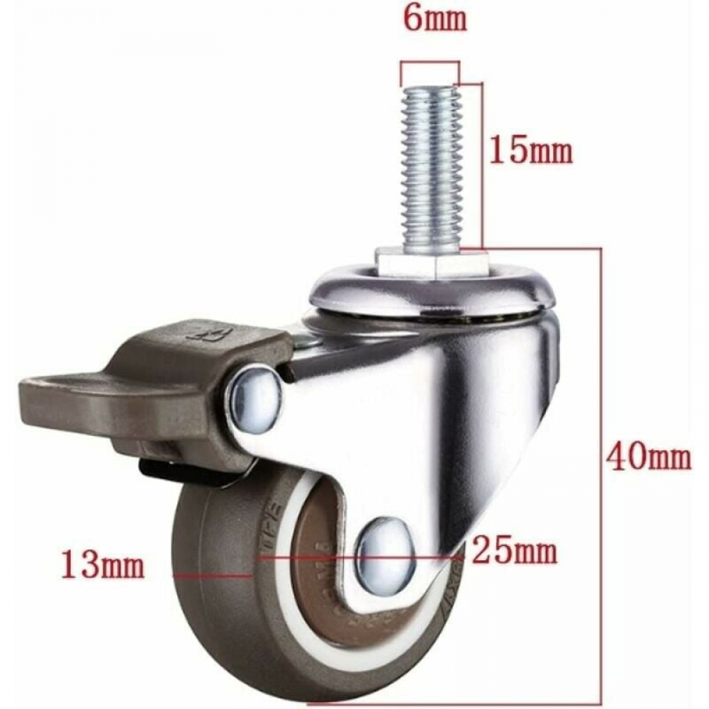 Lot De 4 Roulettes Pivotantes Caoutchouc Souple TPE M6 - Tige Filetée 5mm, Charge 20kg