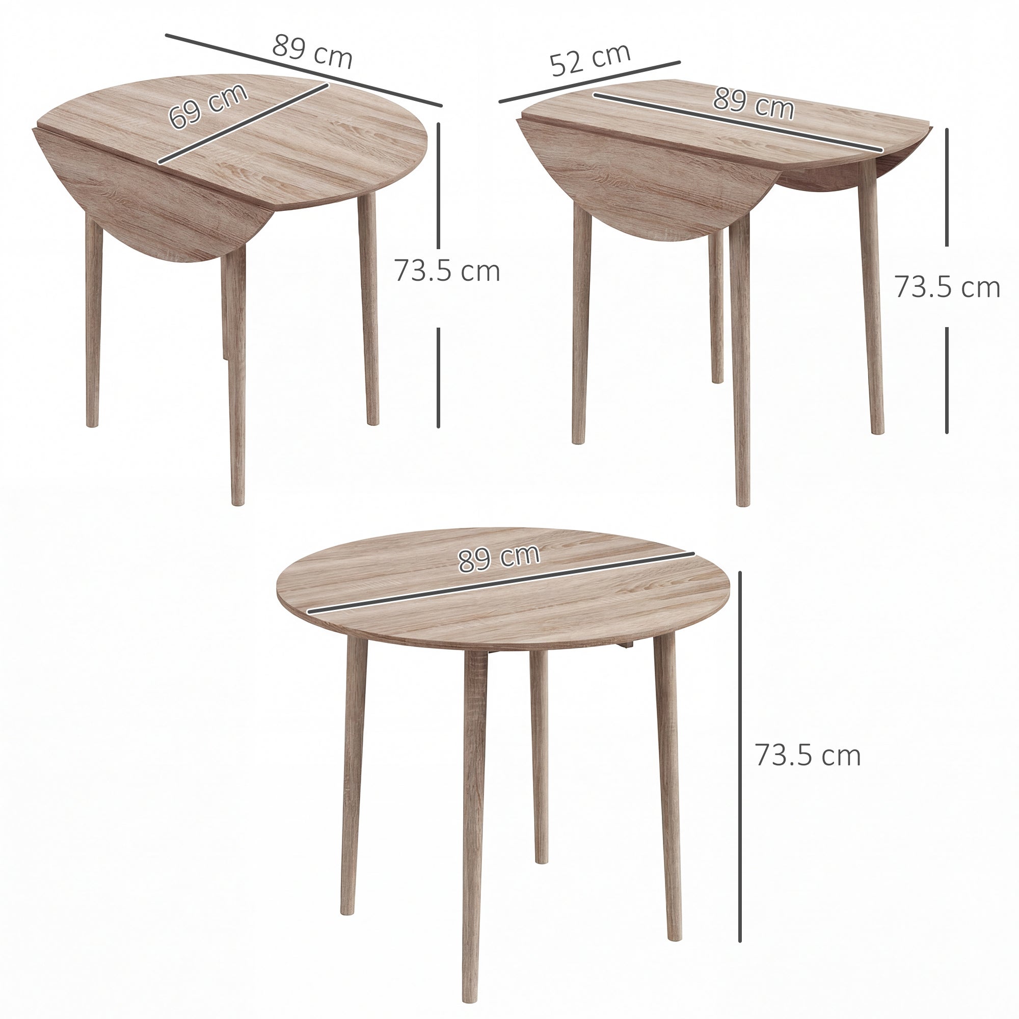 Pliant réversible table pour cuisine et salon, déjeuner table en Veneer et bois de pin, Ø89x73.5 cm, couleur bois - 5