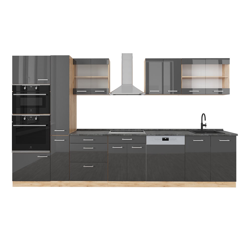 Vicco Zabudowa kuchenna R-Line, Antracytowy wysoki połysk/złoty dąb power, 350 cm z wysoką szafką, BP Antracyt