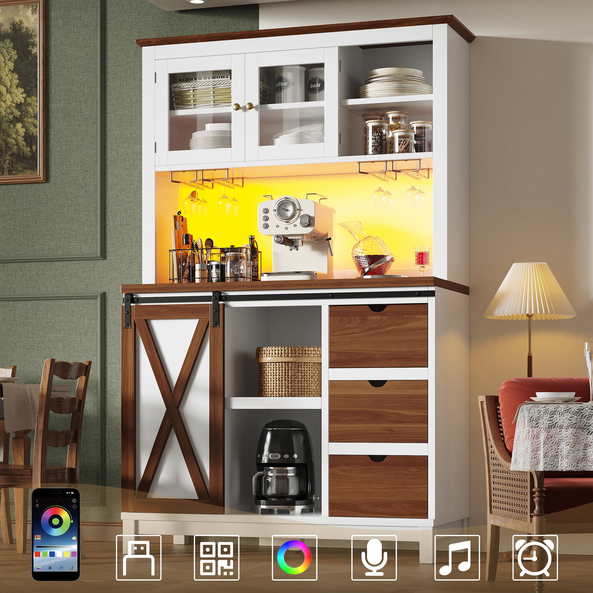 Buffet de cuisine haut avec porte coulissante style grange - Éclairage LED intelligent - 8