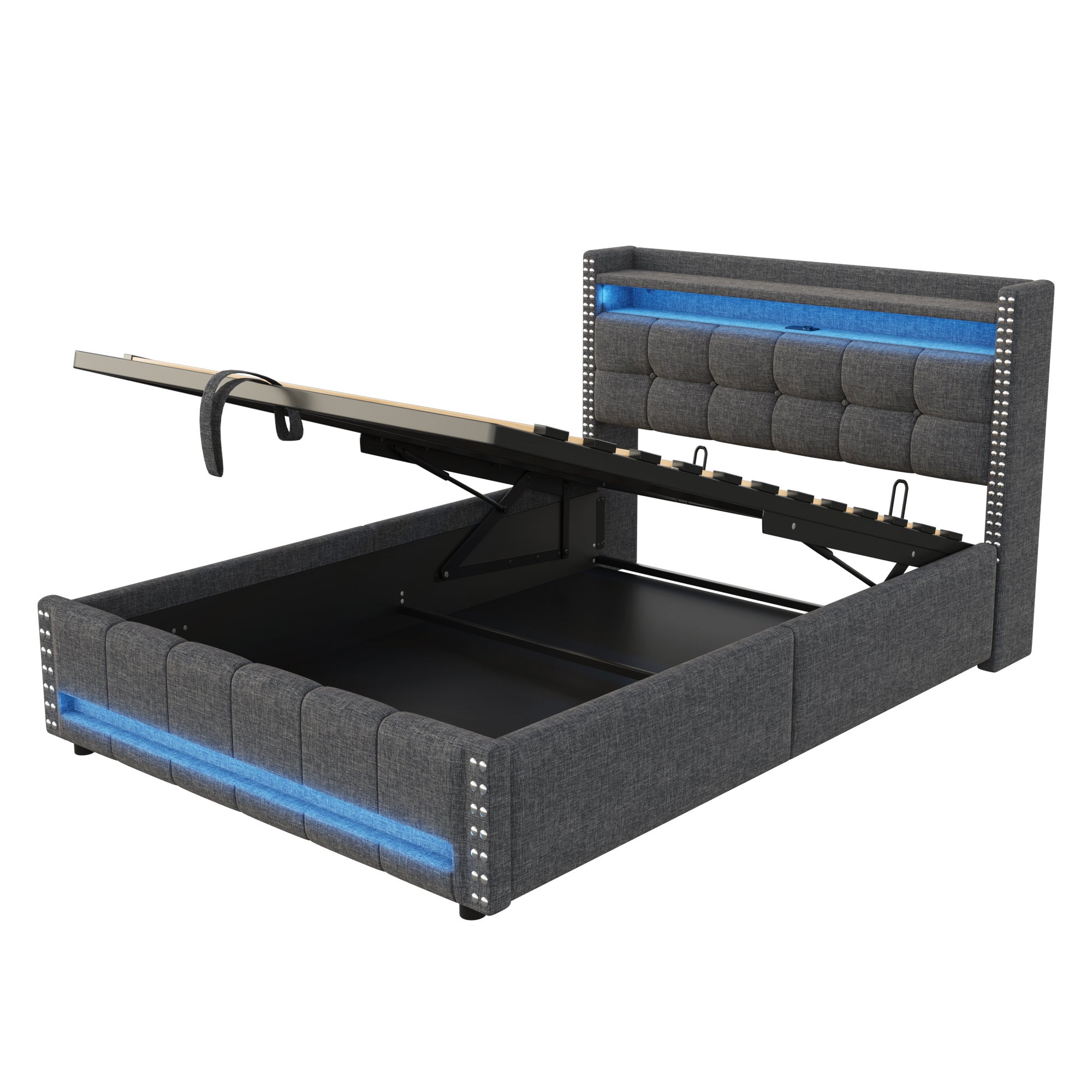 Cama con almacenaje de lino 140x200 cm - con LED y toma USB - con somier - Gris - 8