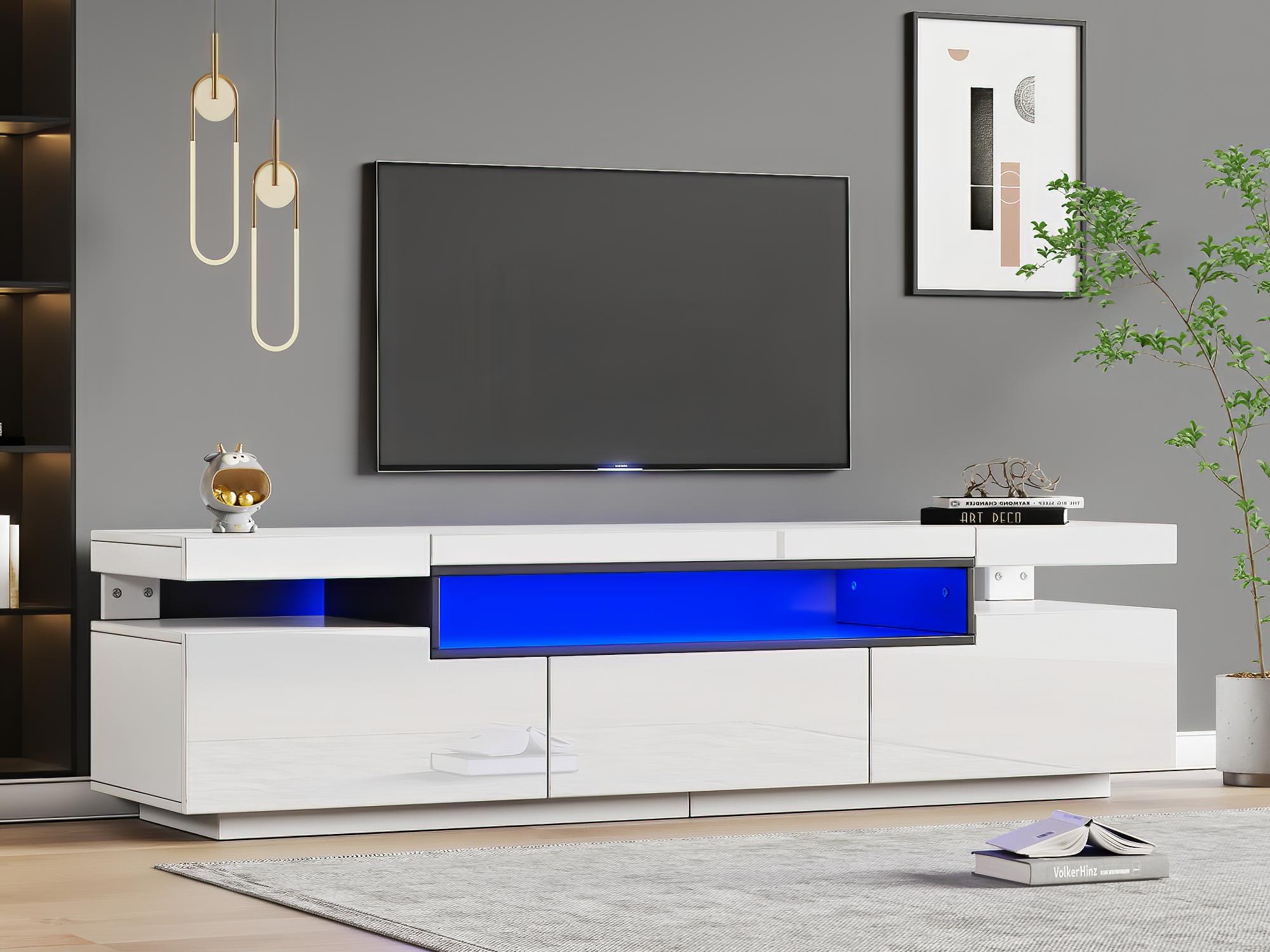 Stojak pod TV 160 cm z oświetleniem LED - 3 szuflady - odpowiedni do telewizorów 70" - biały