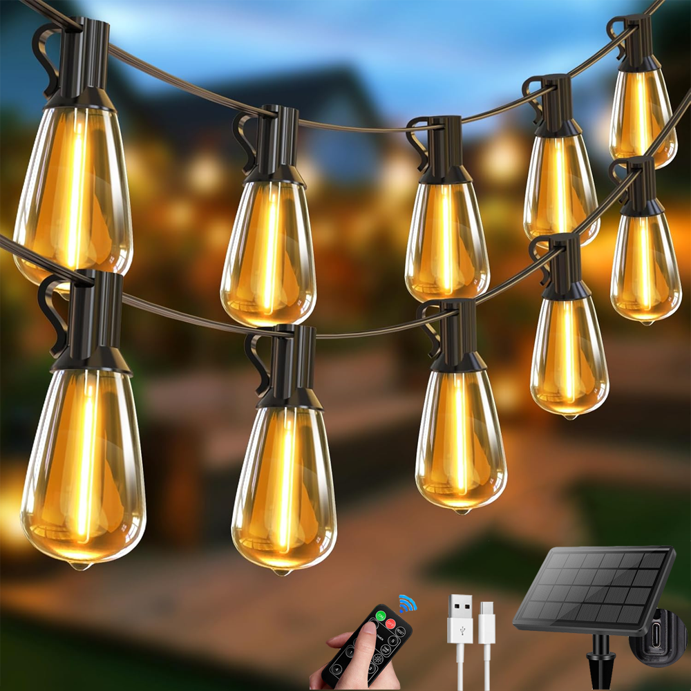 Solarna girlanda świetlna zewnętrzna 11 m, Lampa ogrodowa ładowana przez USB z pilotem i 30+1 żarówkami LED ST38, wodoodporna IP44, 6 trybów