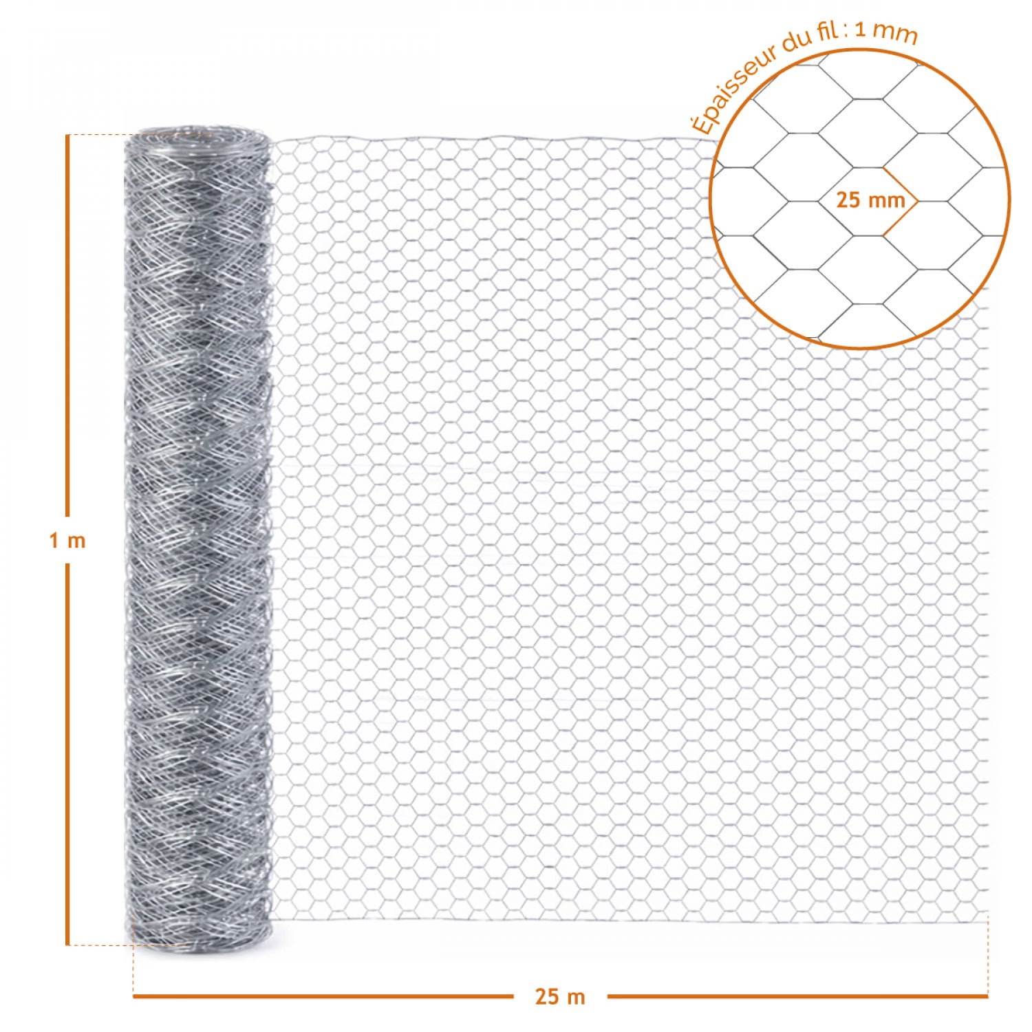 Grillage triple torsion galvanisé pour poules ou petits animaux, clôture poulailler, jardin - 25 m x 1 m - Maille 25 mm - Diam 1 mm - Gris - Linxor - 2