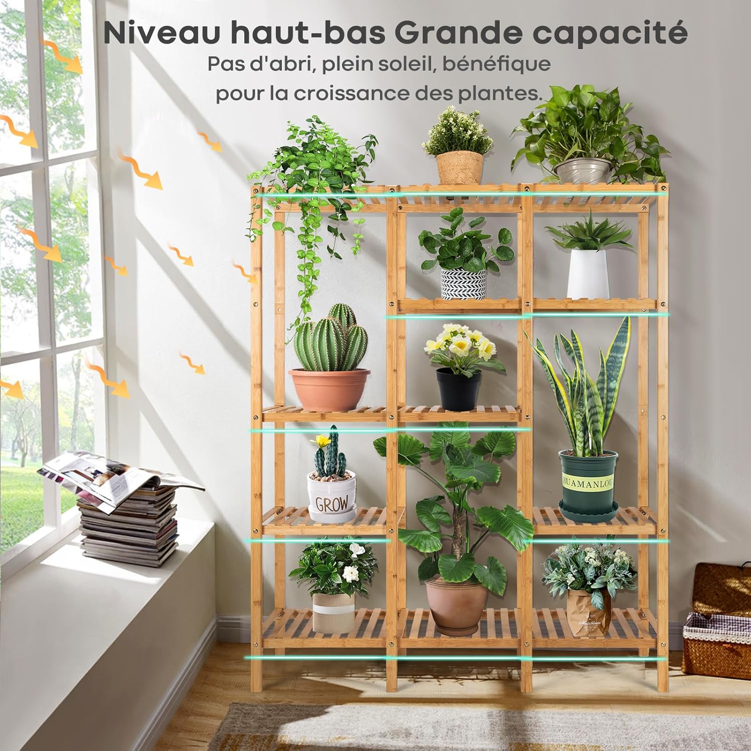 Support de pot pour Plantes en Bambou, Etagères à 5 Niveaux pour 12 Pots de Plantes,pour Salon, Balcon, Jardin, Terrasse, 114 x 31,5 x 141 cm - 7