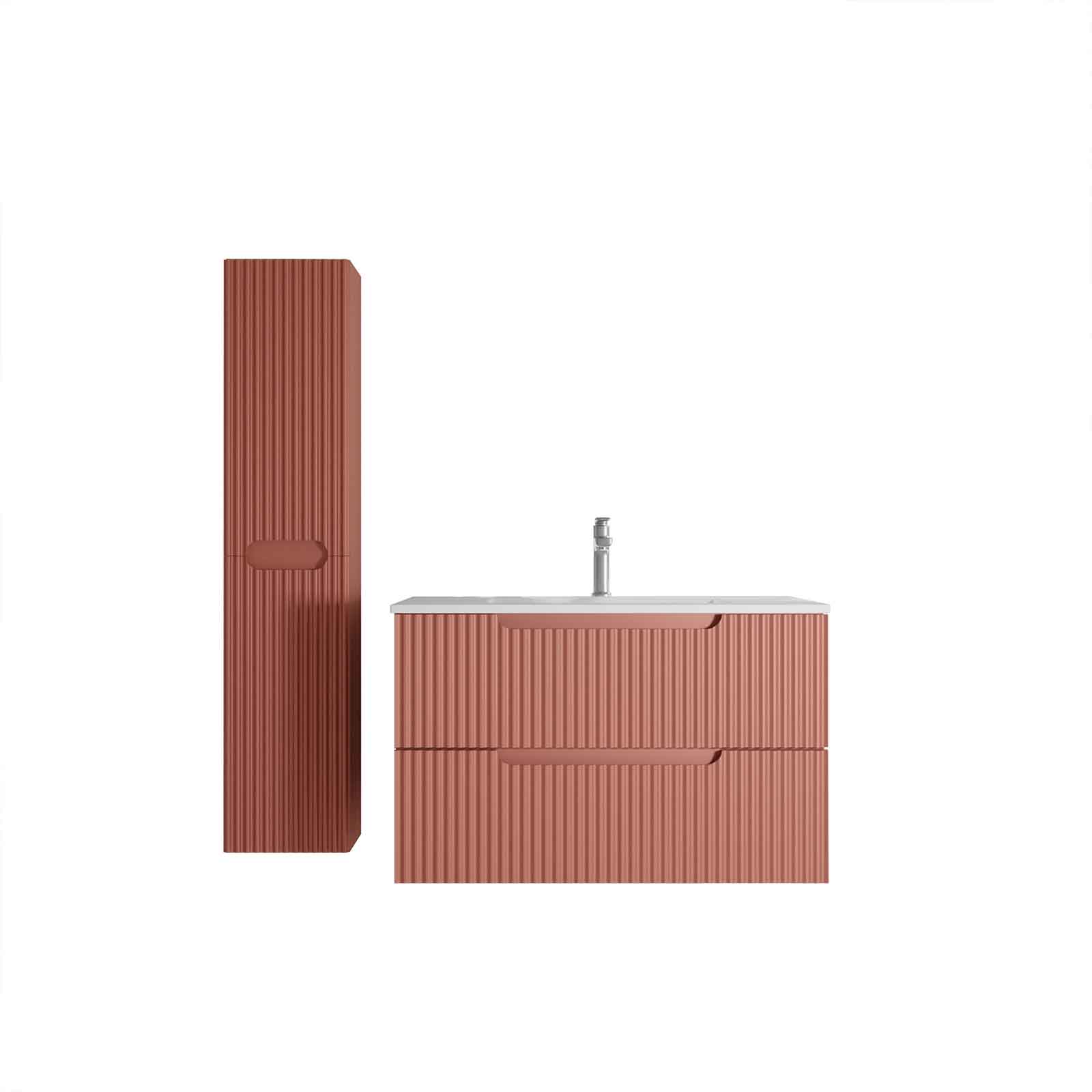 Meuble et colonne de Salle de Bains LEON 80cm Terracotta - Façades Ondulées - Vasque Blanche Mate - 3