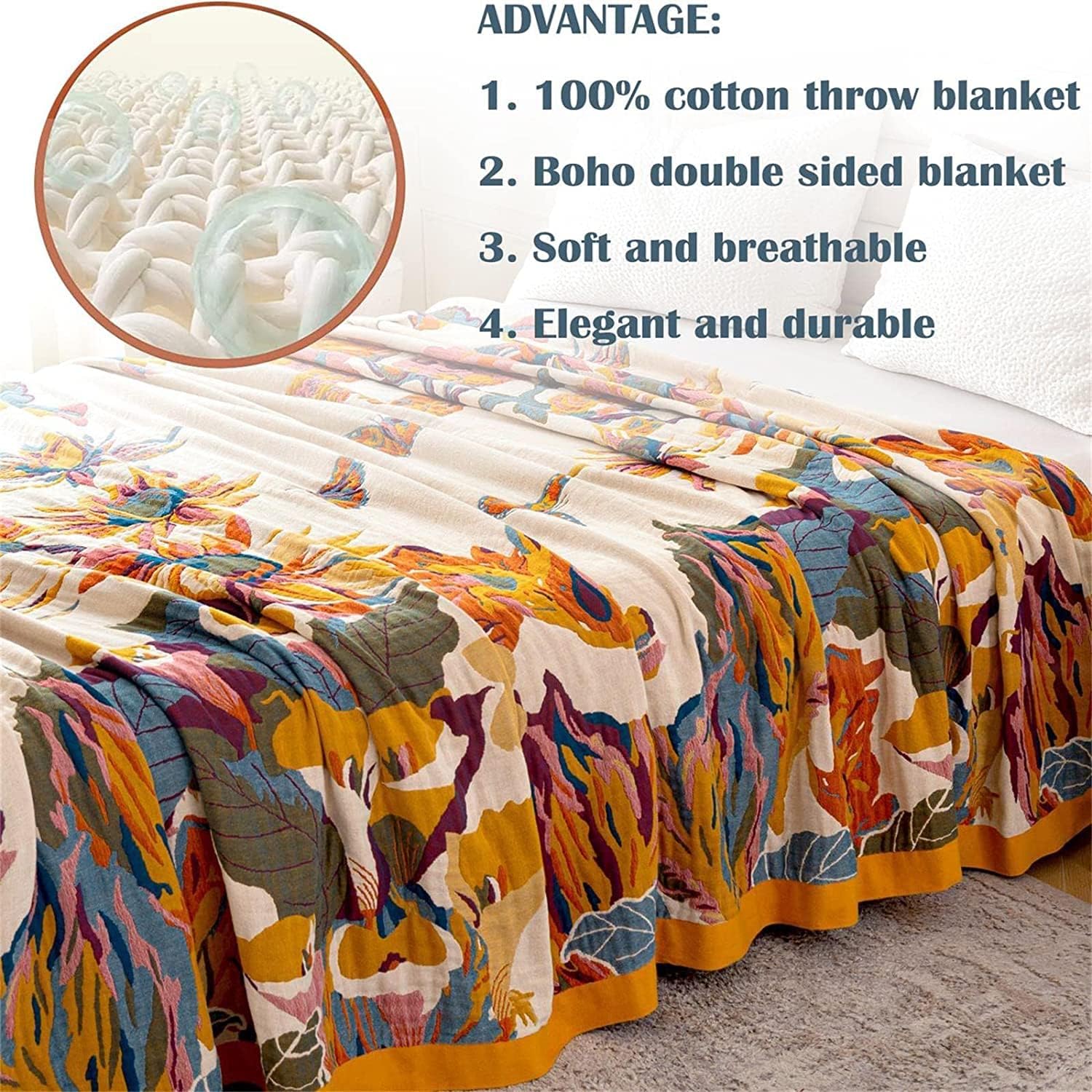 Couverture Bohème 150x200 cm, Coton Confortable, Double Face Réversible, Couvre Lit & Canapé, Décoration Bohème pour Salon et Chambre - 5