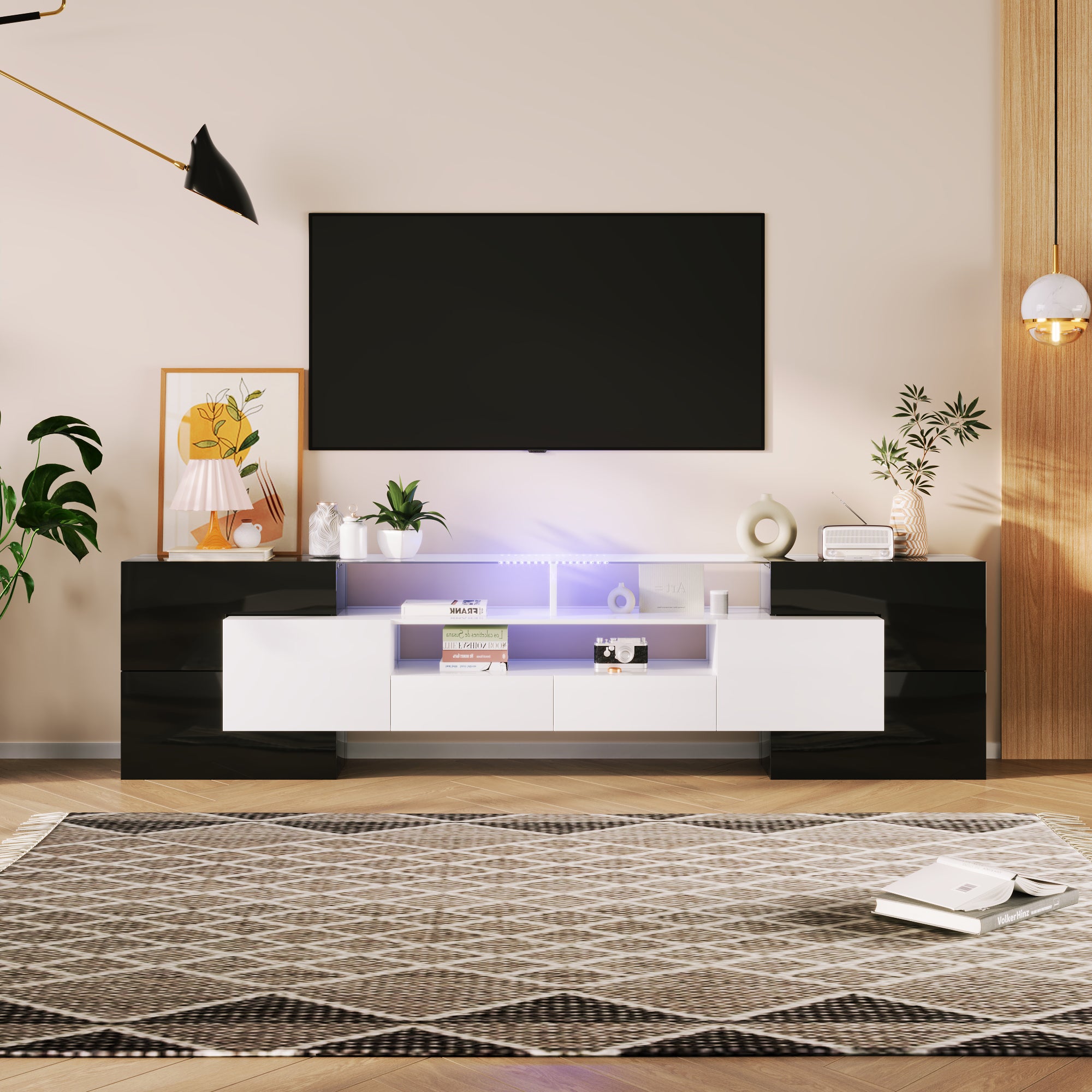 Nowoczesna szafka RTV z połyskiem 200 x 35 x 60 cm - 4 drzwi i 2 szuflady - z oświetleniem LED - czarna