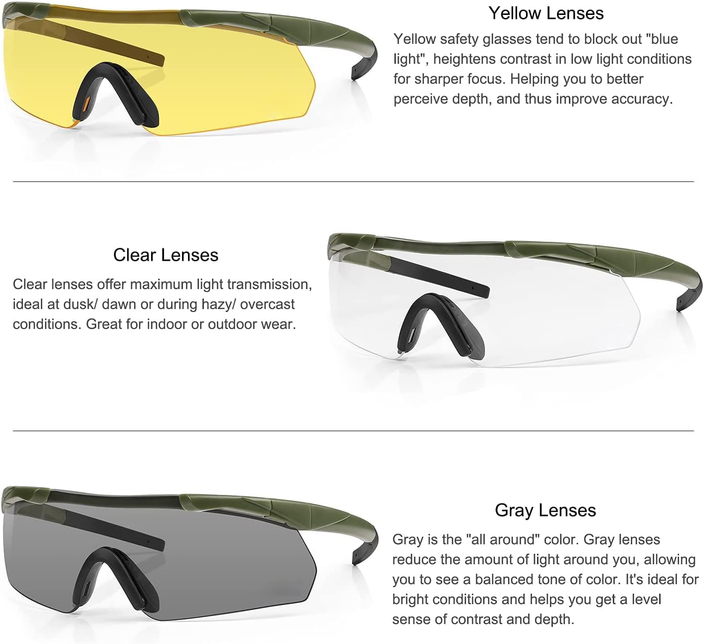 Óculos de segurança - Óculos de tiro tático com 3 lentes intercambiáveis - Transparentes e resistentes a impactos (verde-exército) - 4