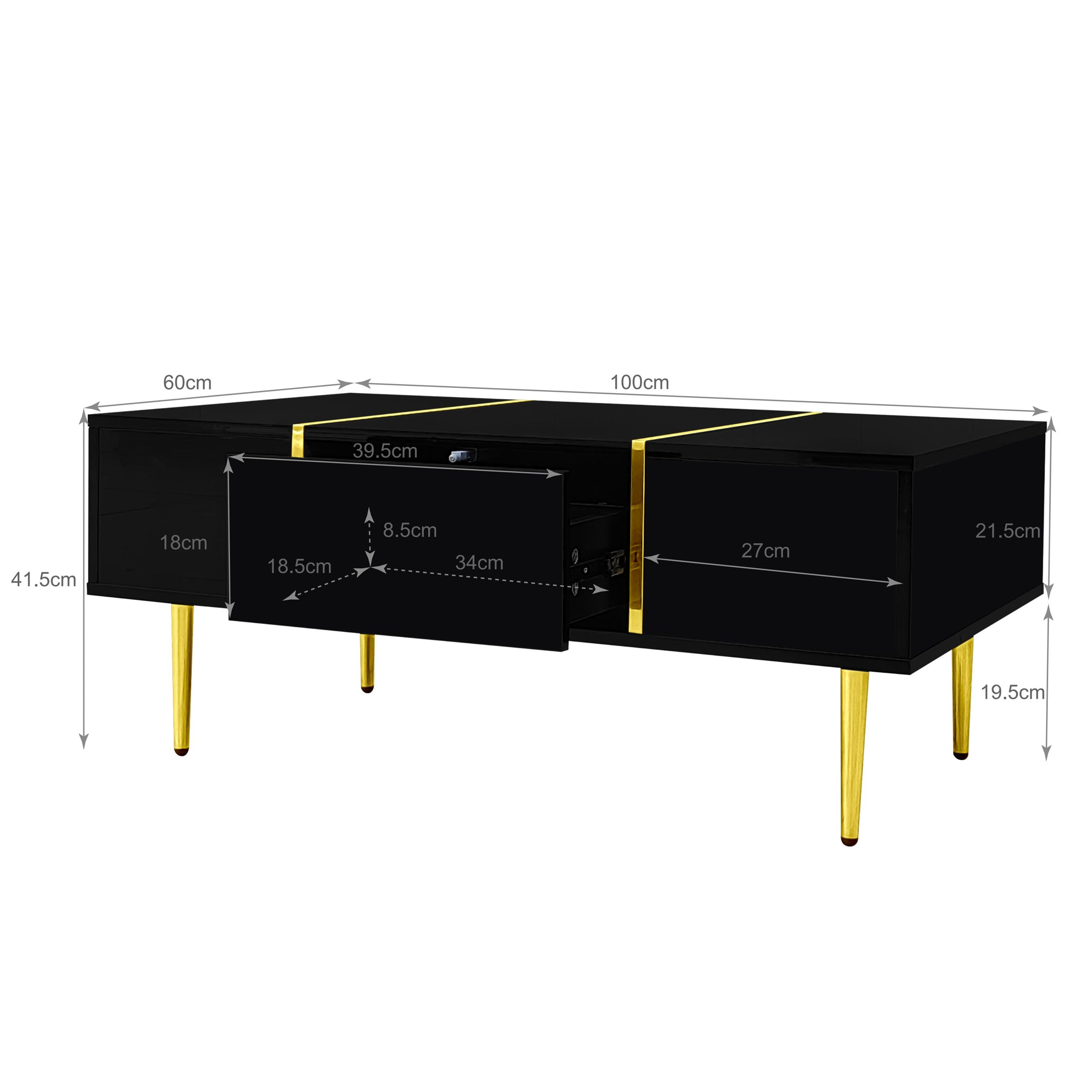 Tavolino da caffè 100×60×41,5 cm con 2 cassetti, piedi dorati, in MDF, nero e oro - 4