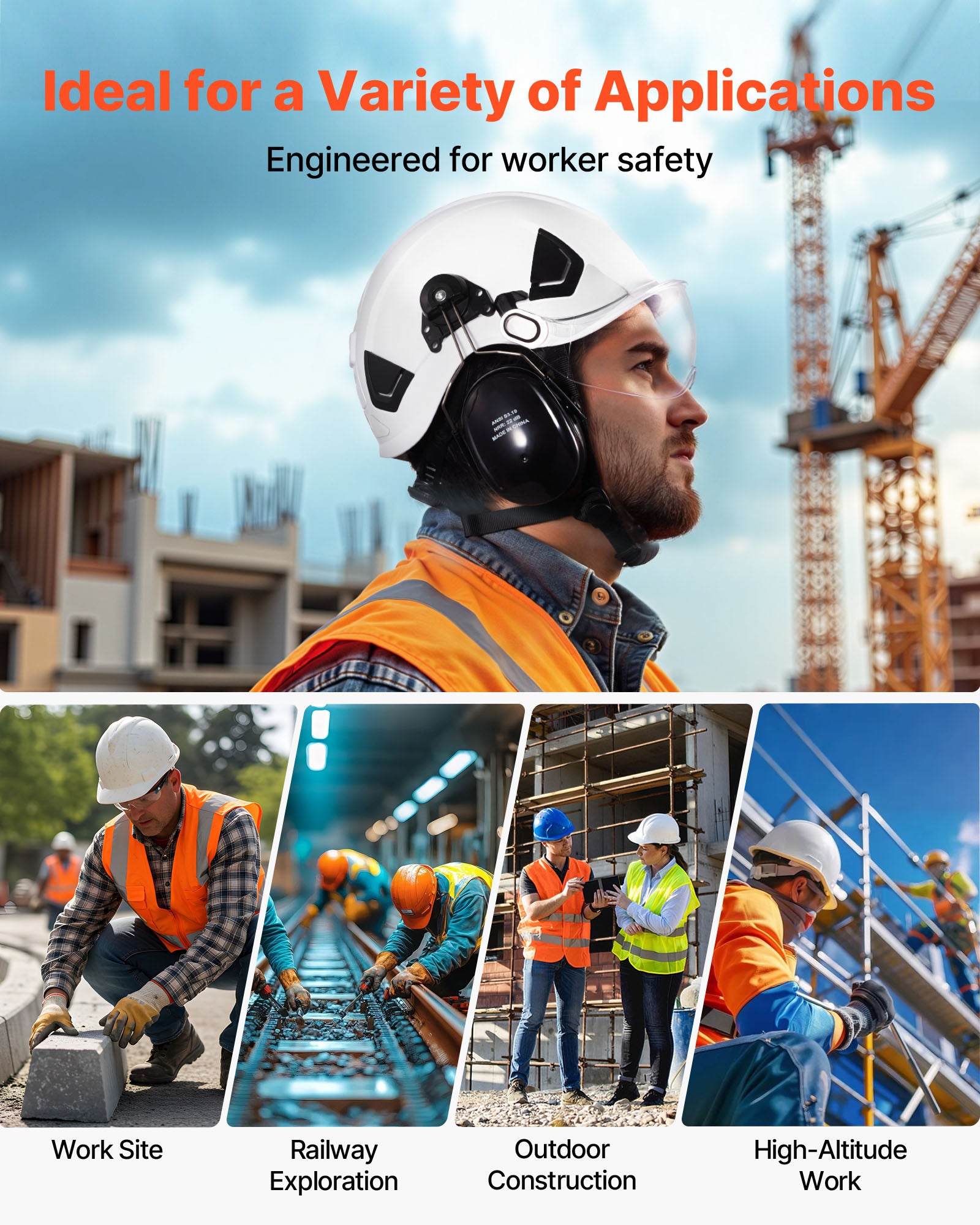 Casque de Sécurité Industriel VEVOR ABS Certifié ANSI/ISEA Z89.1 avec Visière, Cache-Oreilles et Suspension à Cliquet 6 Points Ajustable et Ventilée - 6