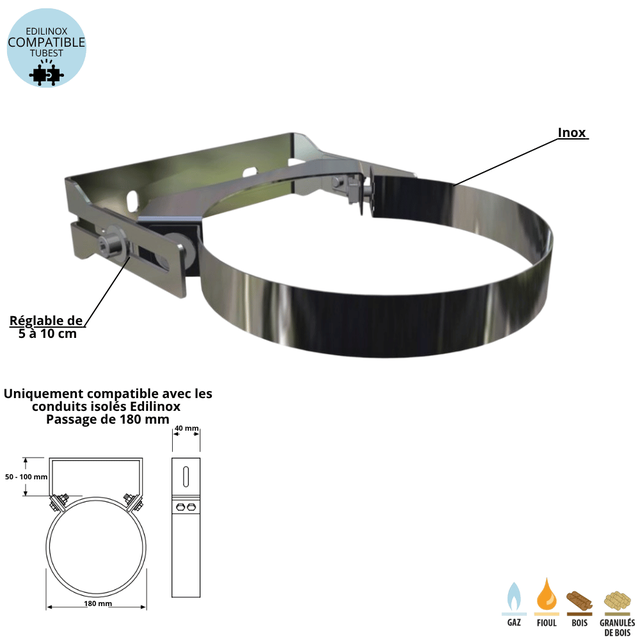 Collier mural inox conduit double paroi isolé Edilinox - Diamètre 130 mm