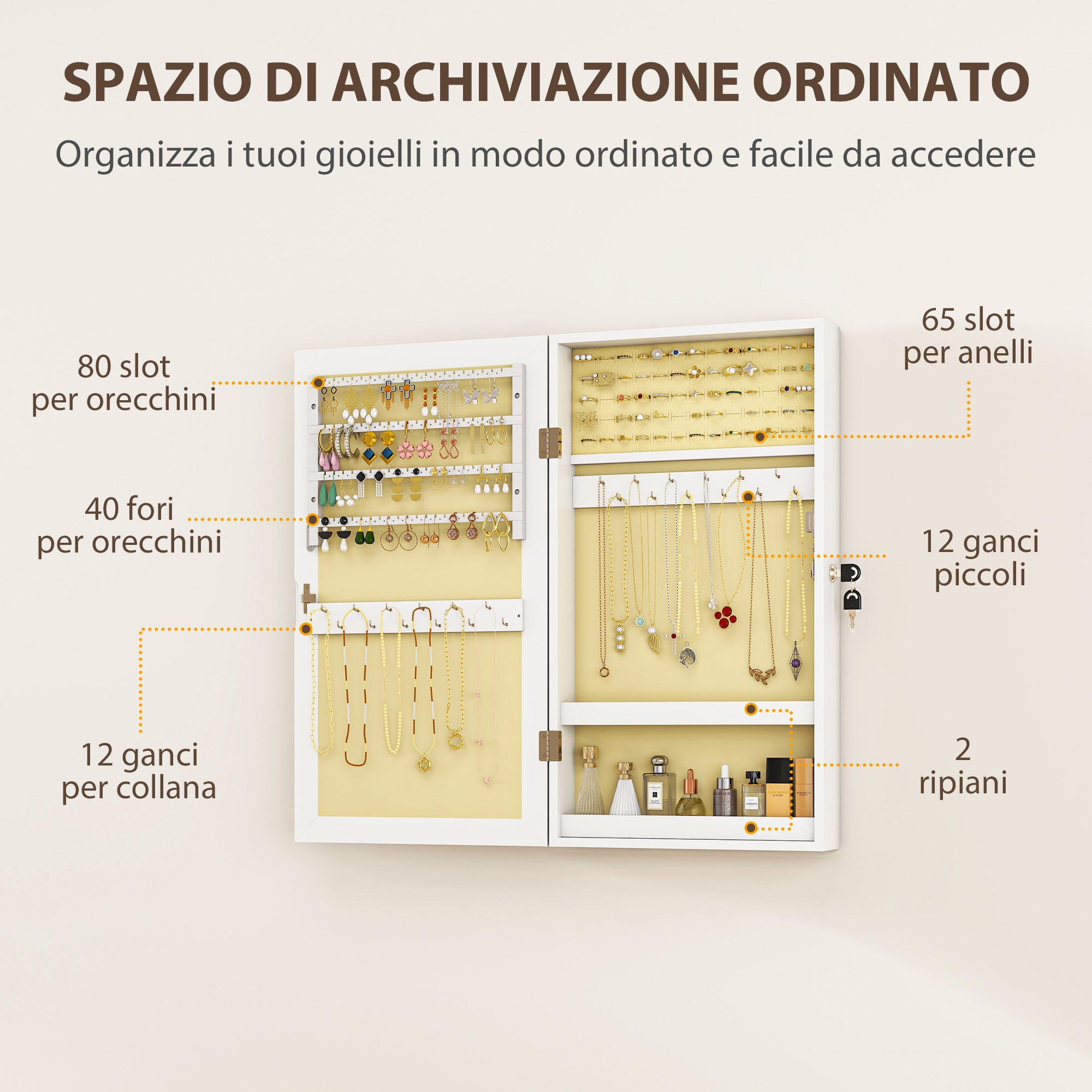 Miroir à bijoux mural , armoire à bijoux verrouillable, miroir pleine longueur en MDF pour chambre et salon, 36,5 x 9,5 x 67 cm, blanc - 6