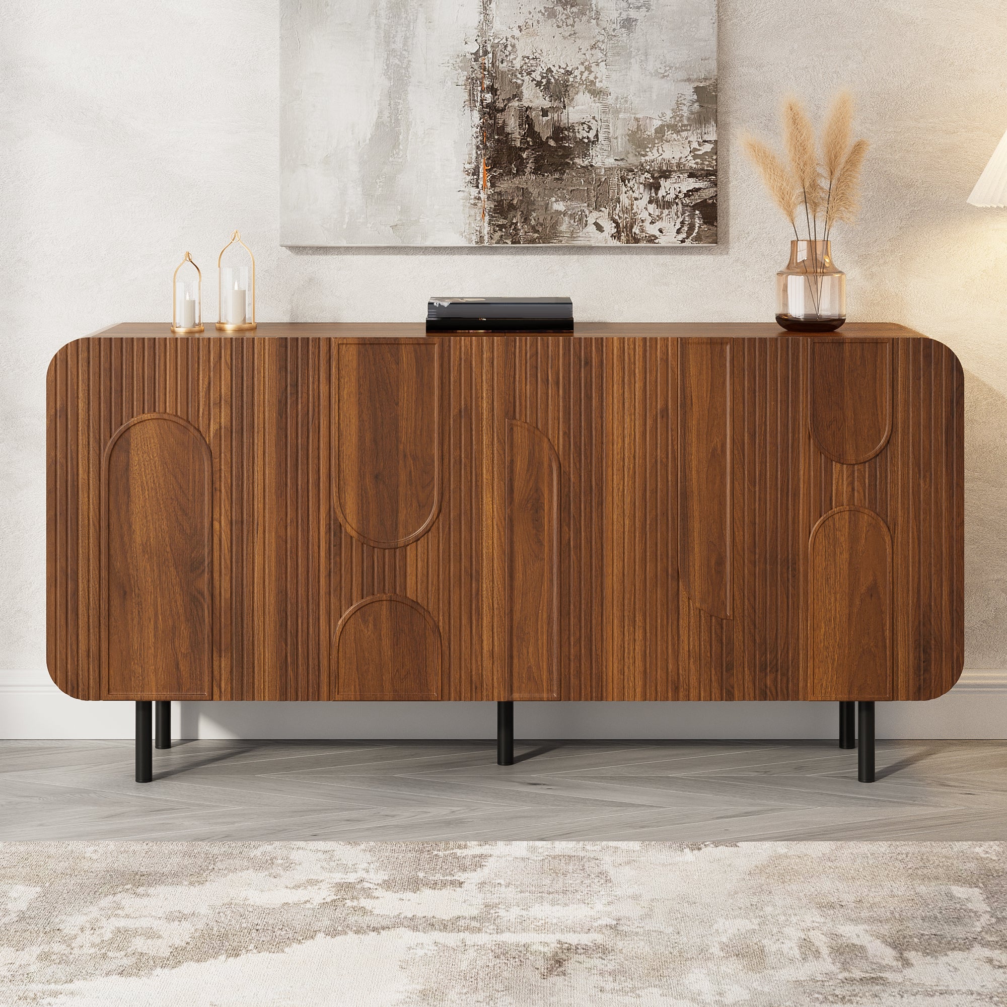 Buffet avec 4 portes et étagères réglables - 160 x 40 x 79 cm - MDF et panneaux de particules - Pieds en métal - Design mid-century - Noyer - 7